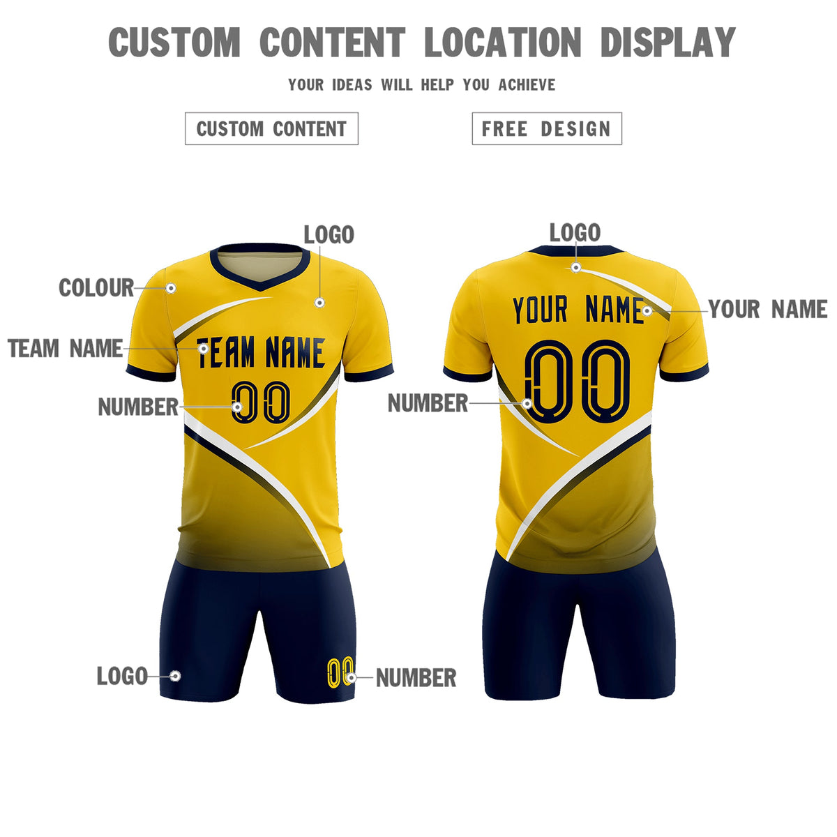 Custom Gold Navy Color Block Training Uniform For Men Soccer Sets Jersey