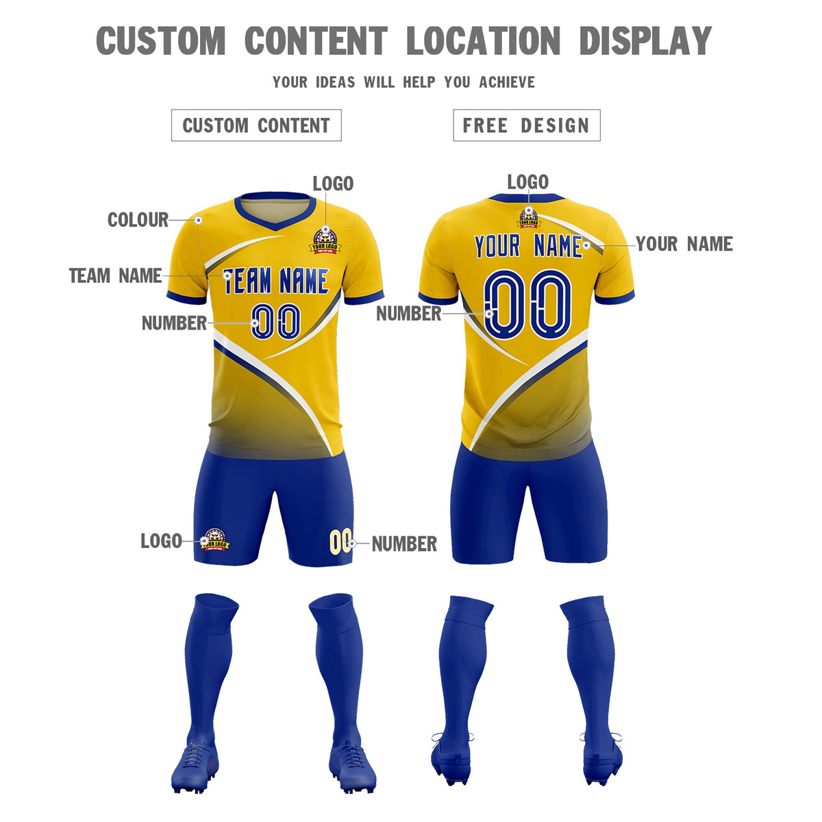 Custom Gold Royal Color Block Training Uniform For Men Soccer Sets Jersey