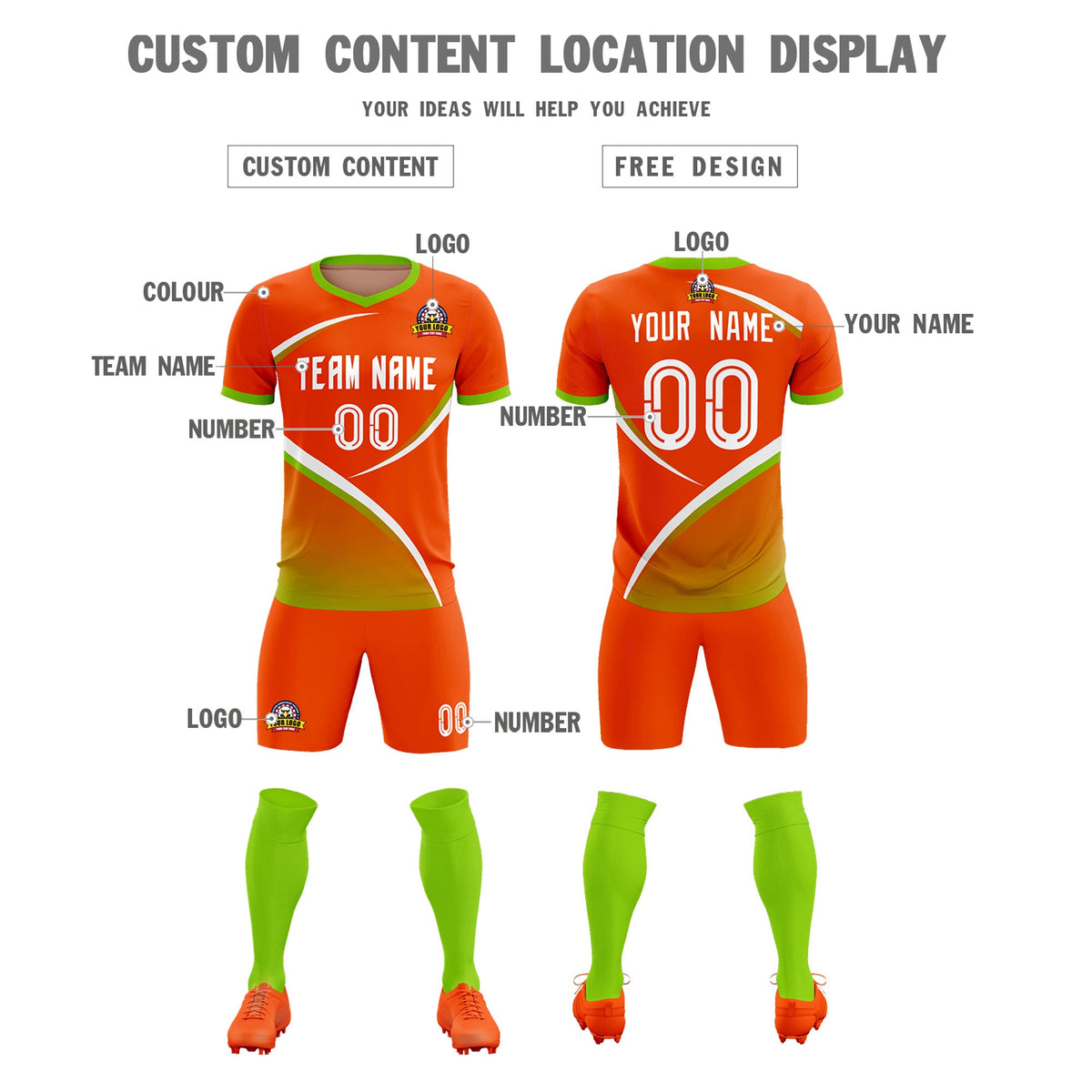 Custom Orange Neon Green Color Block Training Uniform For Men Soccer Sets Jersey