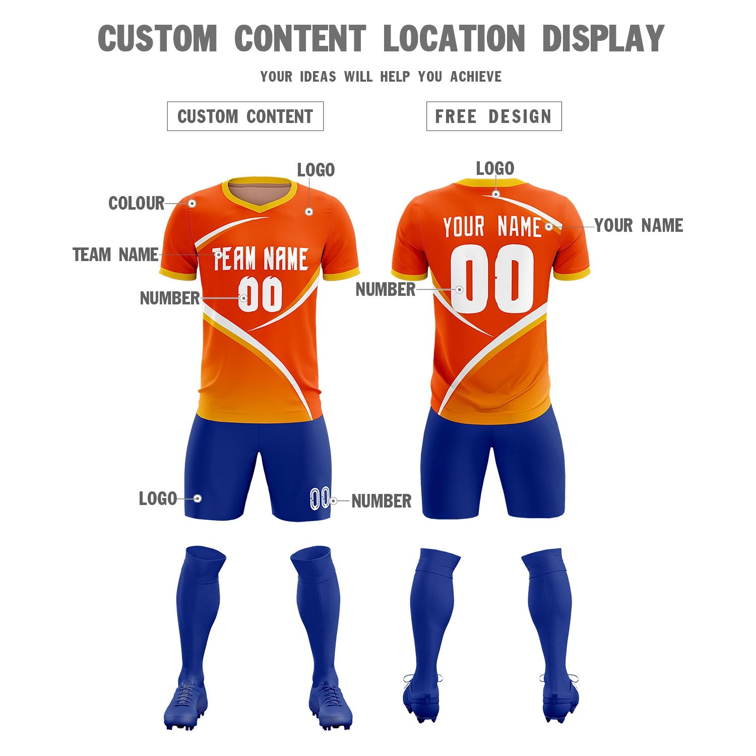 Custom Orange Gold Color Block Training Uniform For Men Soccer Sets Jersey