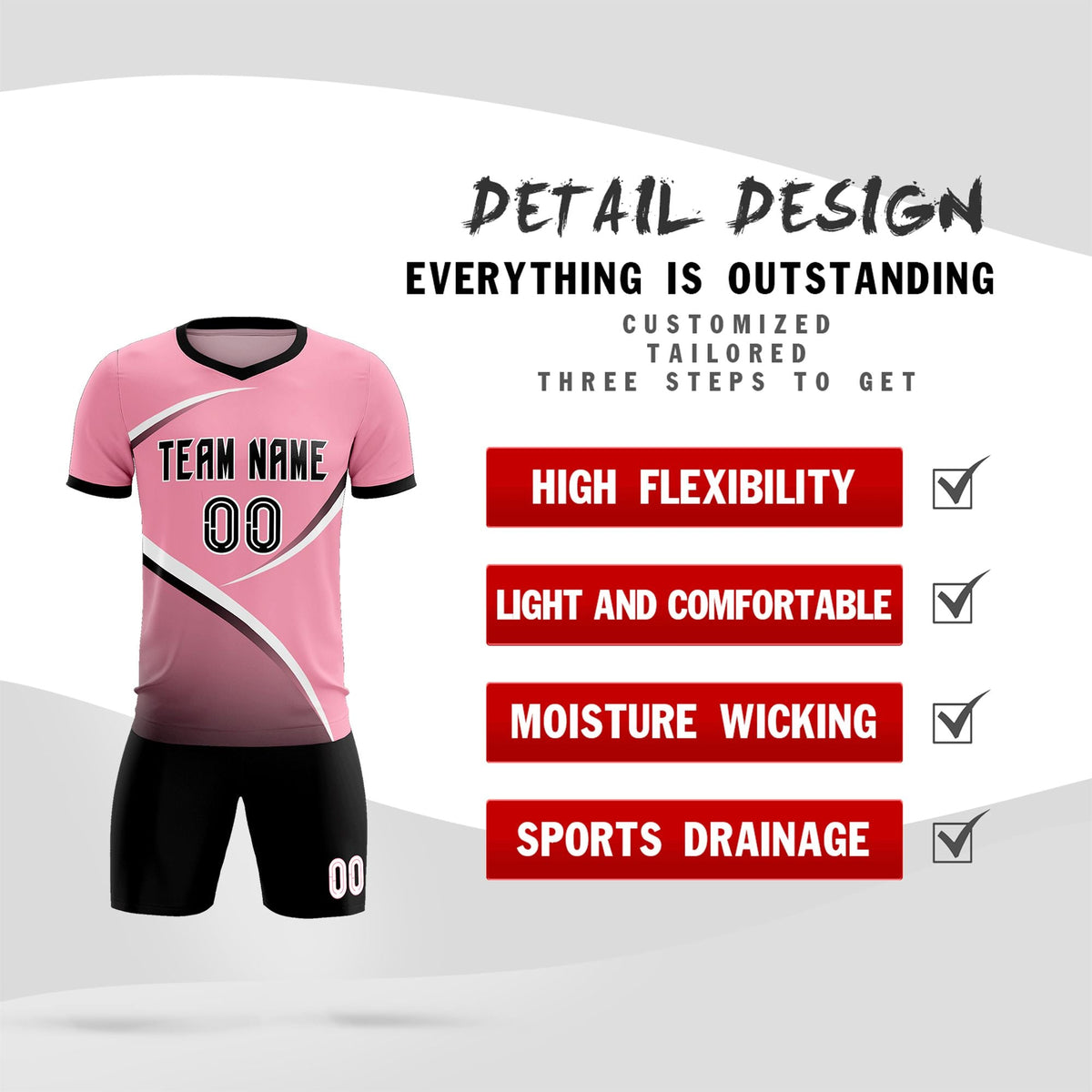 Custom Light Pink Black Color Block Training Uniform For Men Football Kits Jersey