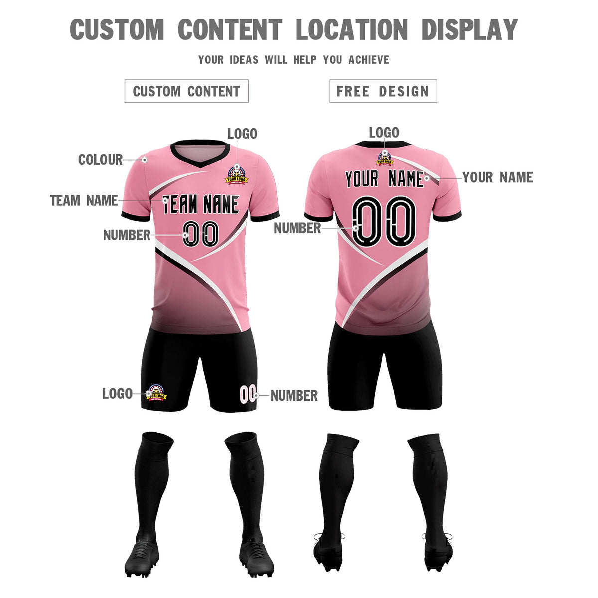Custom Light Pink Black Color Block Training Uniform For Men Football Kits Jersey