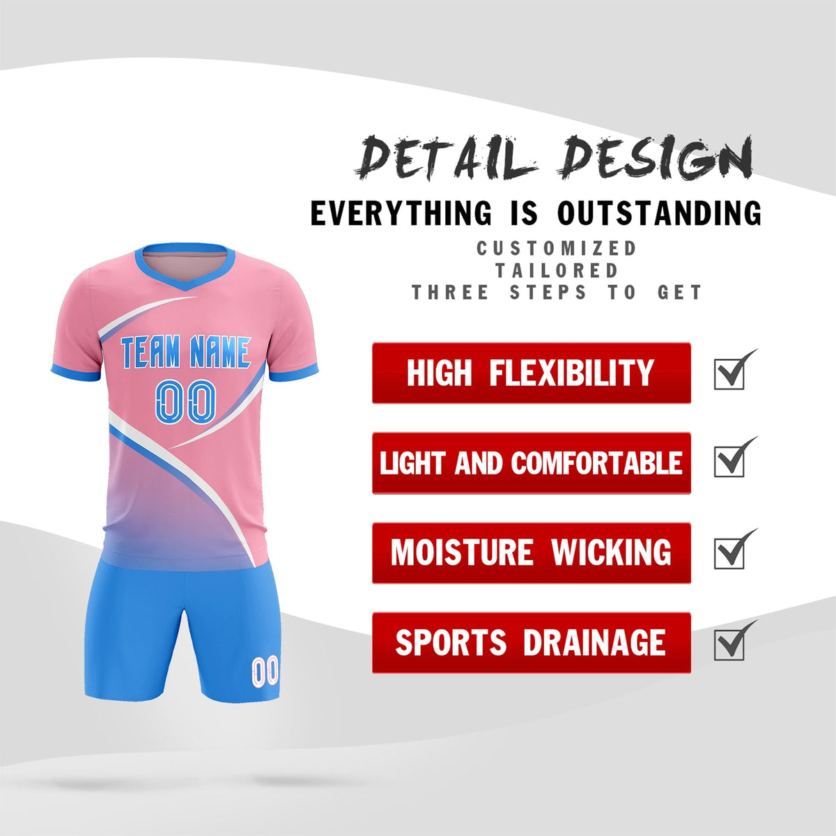 Custom Light Pink Powder Blue Color Block Training Uniform For Men Football Kits Jersey