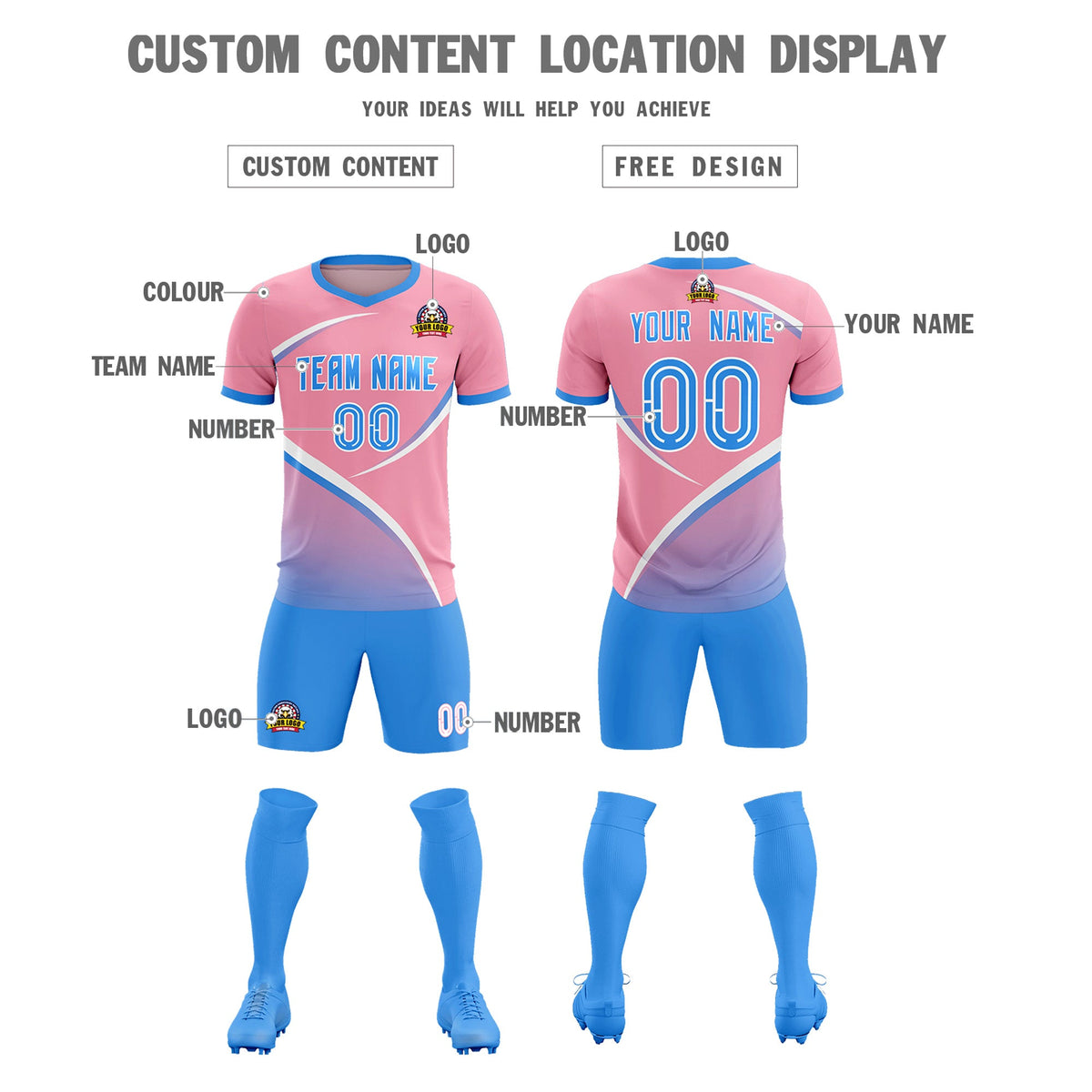 Custom Light Pink Powder Blue Color Block Training Uniform For Men Football Kits Jersey