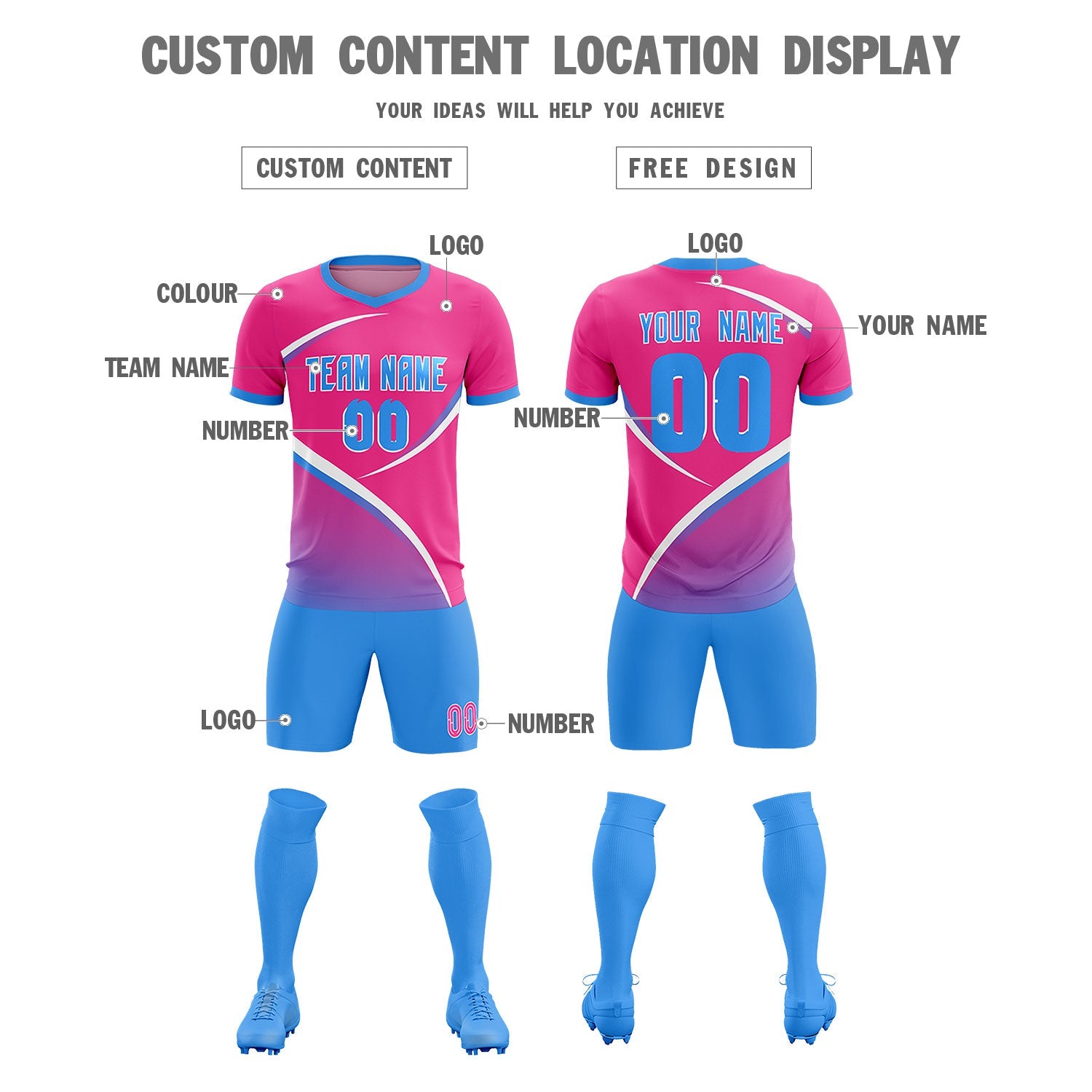 Custom Pink Powder Blue Color Block Training Uniform For Men Soccer Sets Jersey