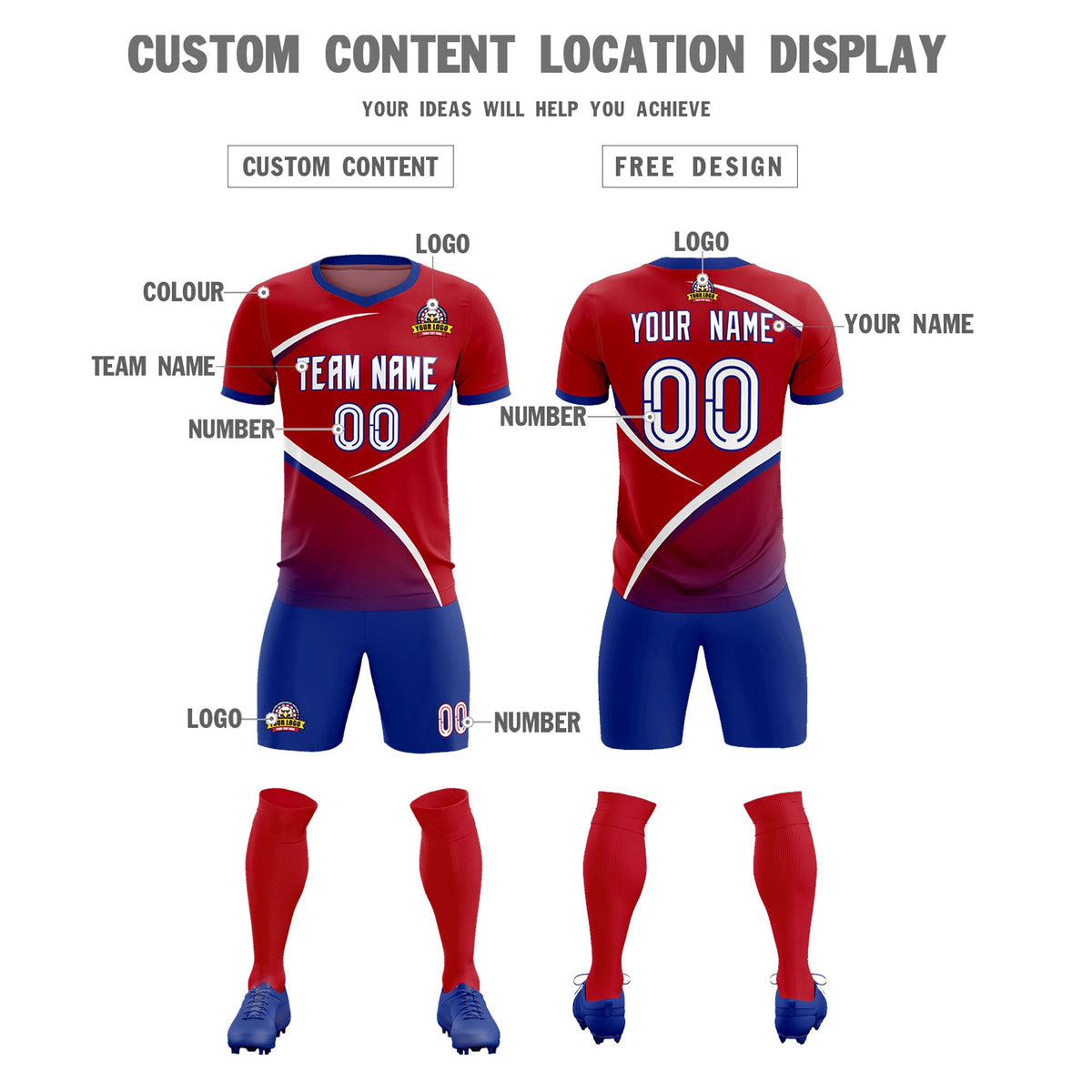 Custom Red Royal Color Block Training Uniform For Men Football Kits Jersey