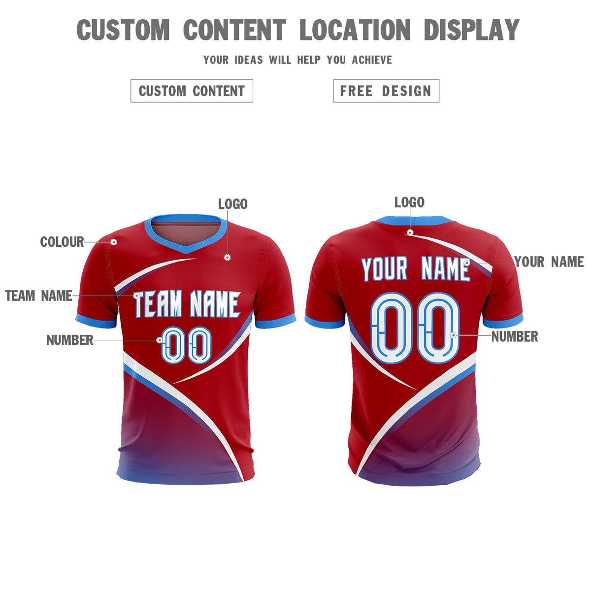 Custom Red Powder Blue Color Block Training Uniform For Men Football Kits Jersey