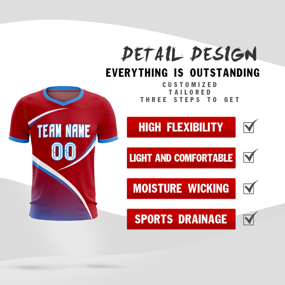 Custom Red Powder Blue Color Block Training Uniform For Men Football Kits Jersey