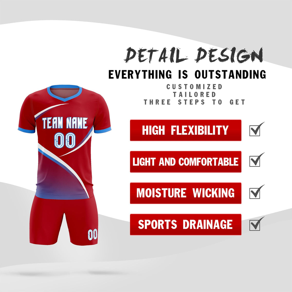 Custom Red Powder Blue Color Block Training Uniform For Men Football Kits Jersey