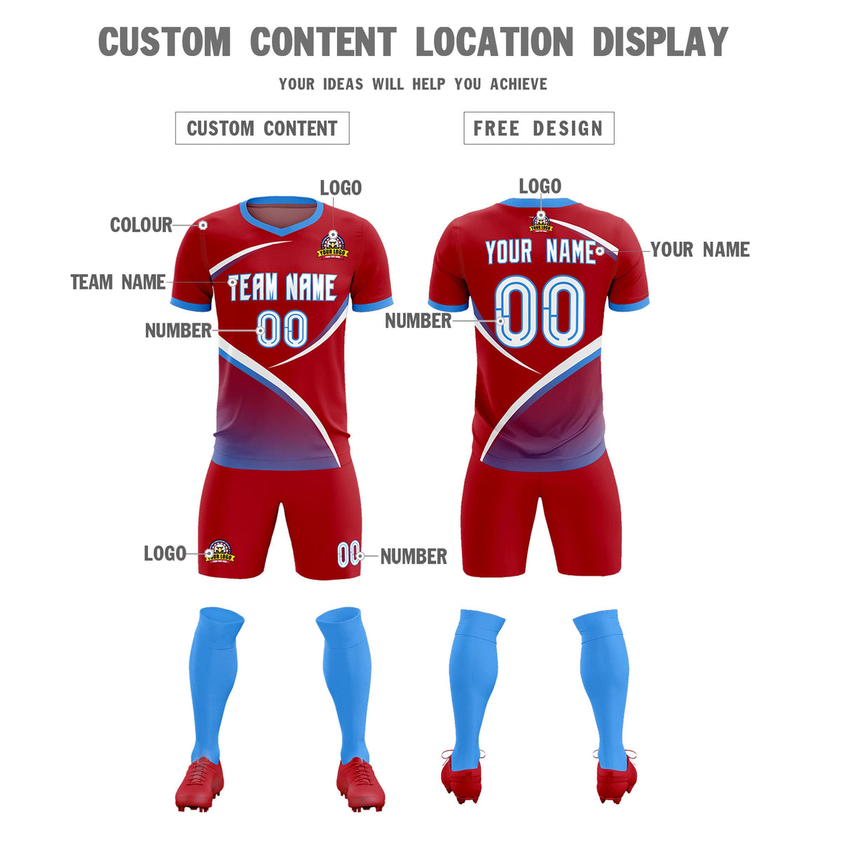 Custom Red Powder Blue Color Block Training Uniform For Men Football Kits Jersey