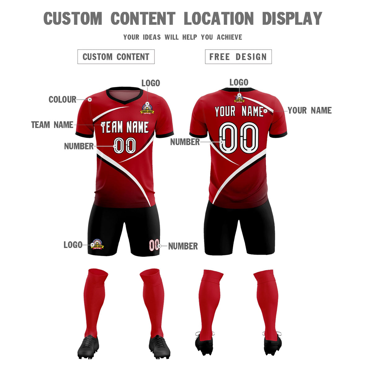 Custom Red Black Color Block Training Uniform For Men Football Kits Jersey