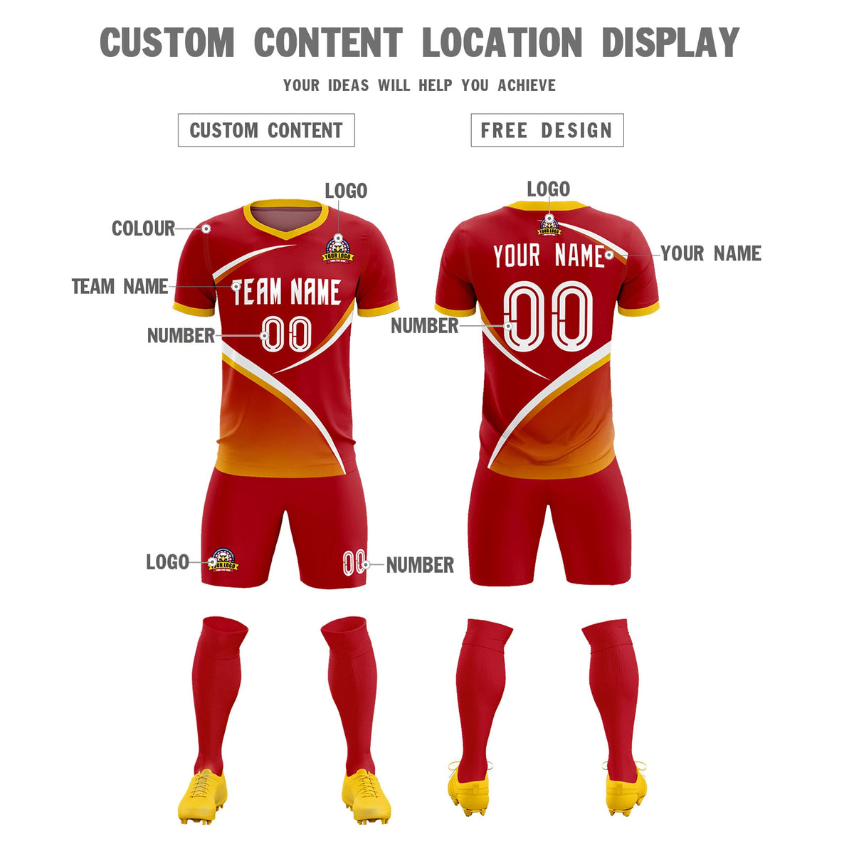 Custom Red Gold Color Block Training Uniform For Men Football Kits Jersey
