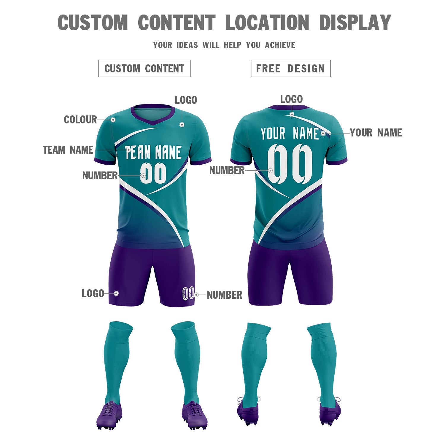Custom Aqua Purple Color Block Training Uniform For Men Soccer Sets Jersey
