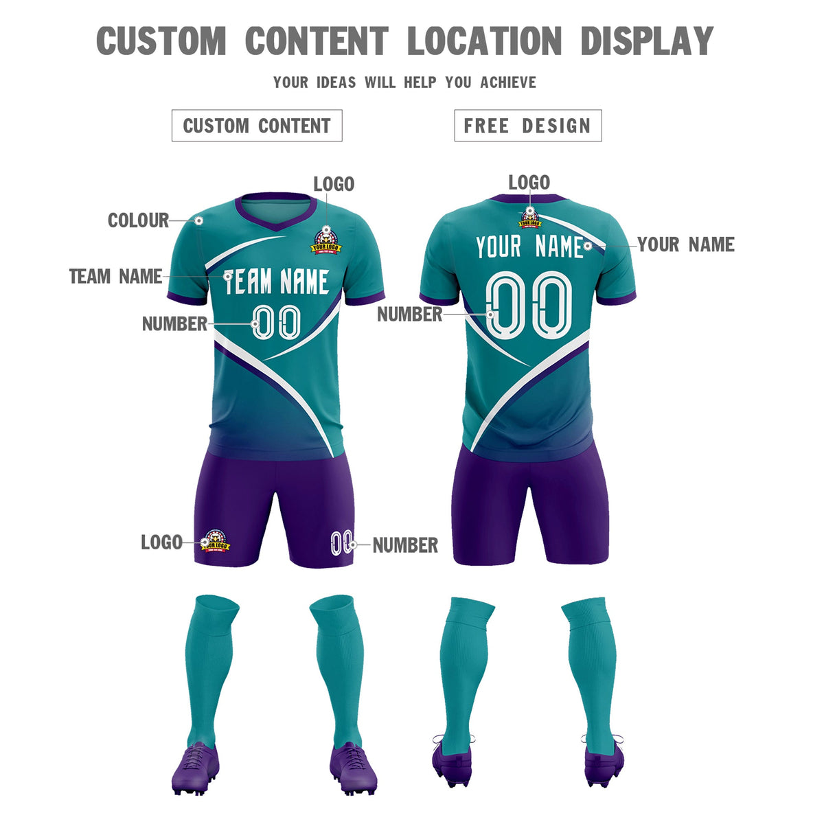 Custom Aqua Purple Color Block Training Uniform For Men Soccer Sets Jersey
