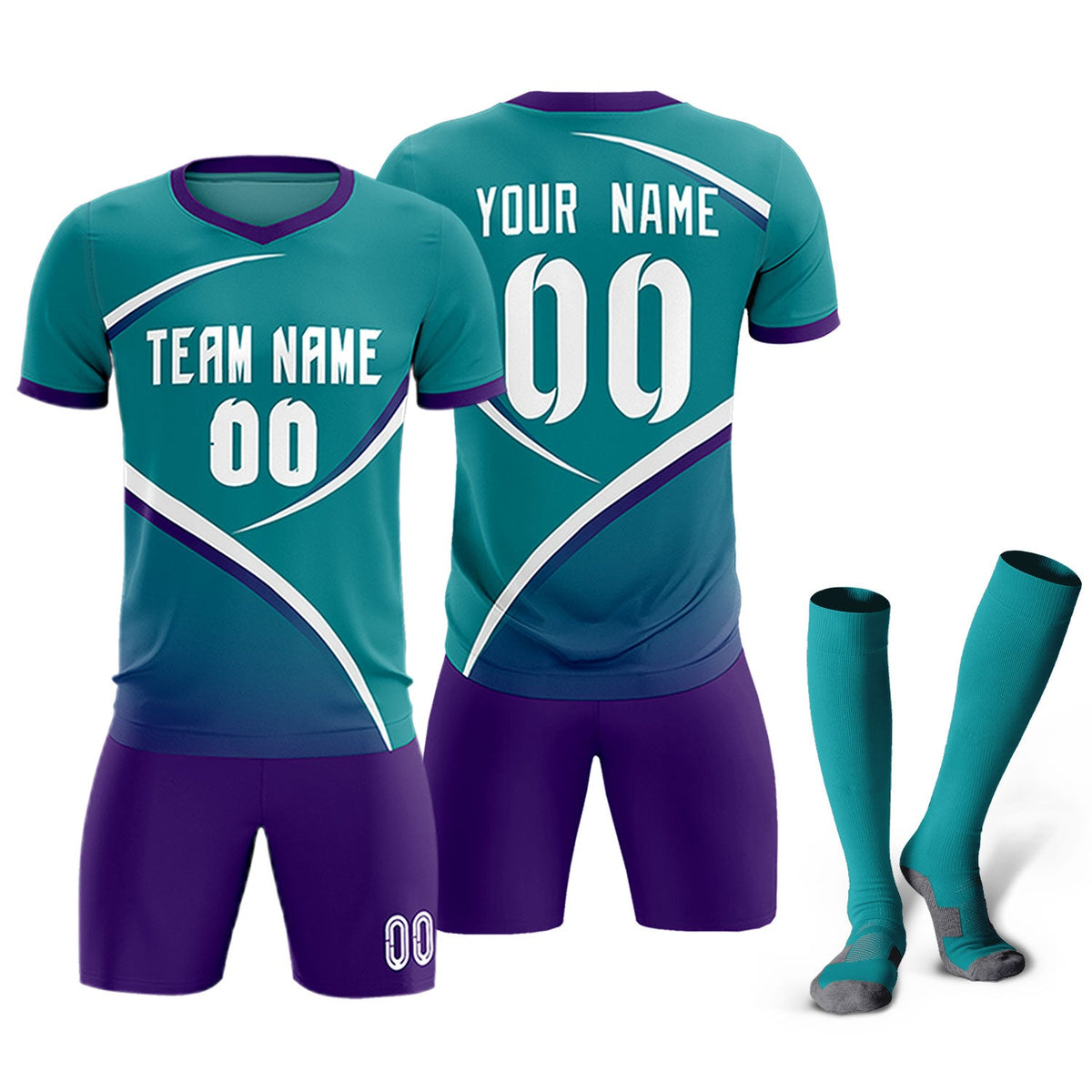Custom Aqua Purple Color Block Training Uniform For Men Soccer Sets Jersey
