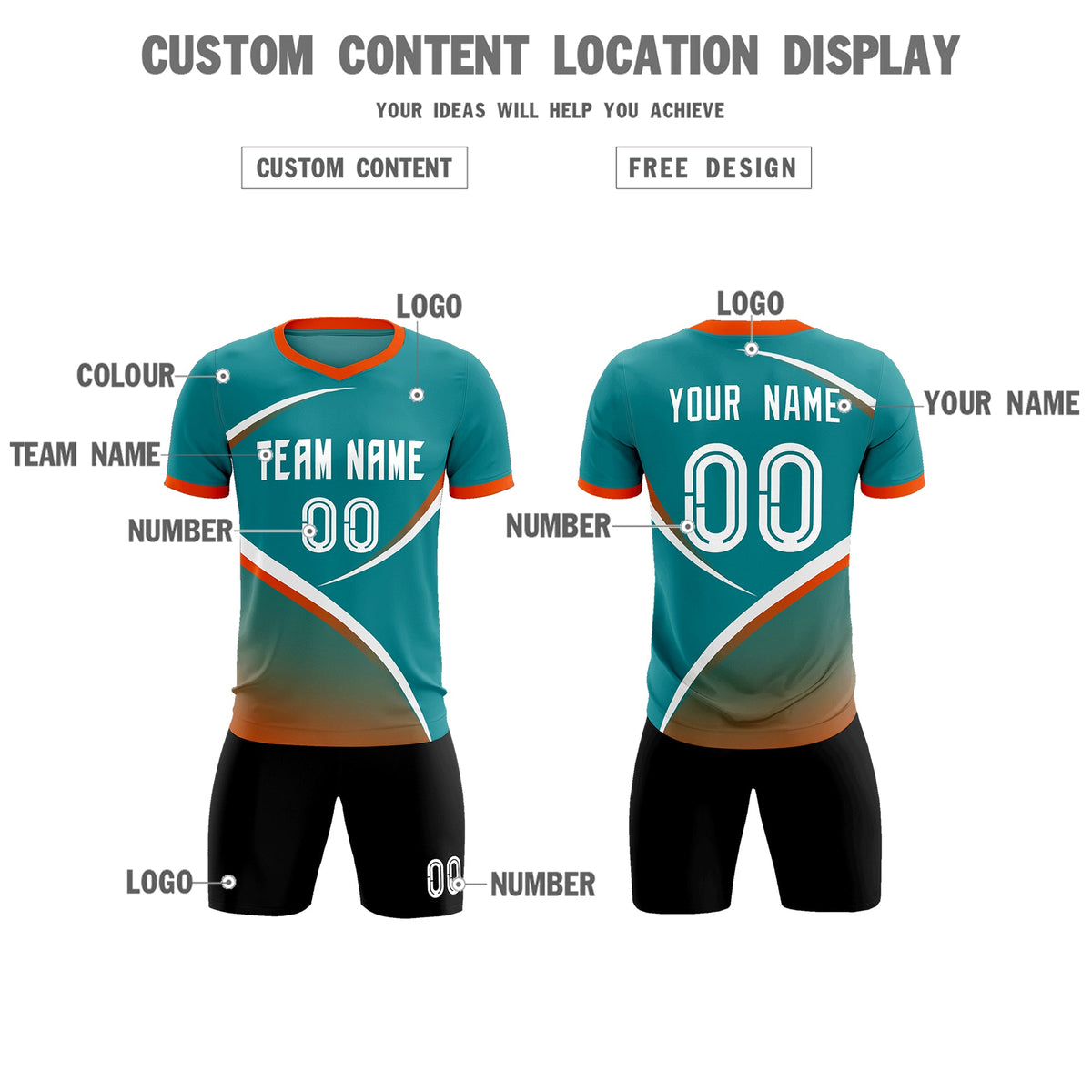 Custom Aqua Orange Color Block Training Uniform For Men Soccer Sets Jersey