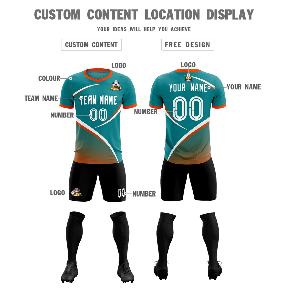 Custom Aqua Orange Color Block Training Uniform For Men Soccer Sets Jersey