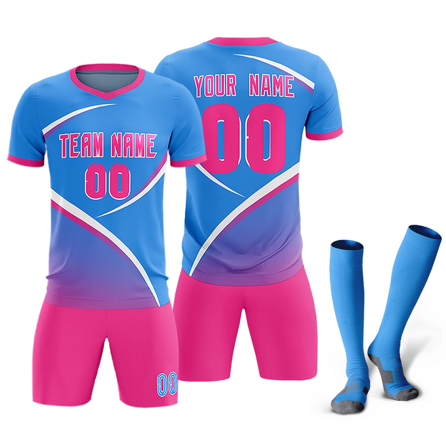 Custom Powder Blue Pink Color Block Training Uniform For Men Soccer Sets Jersey