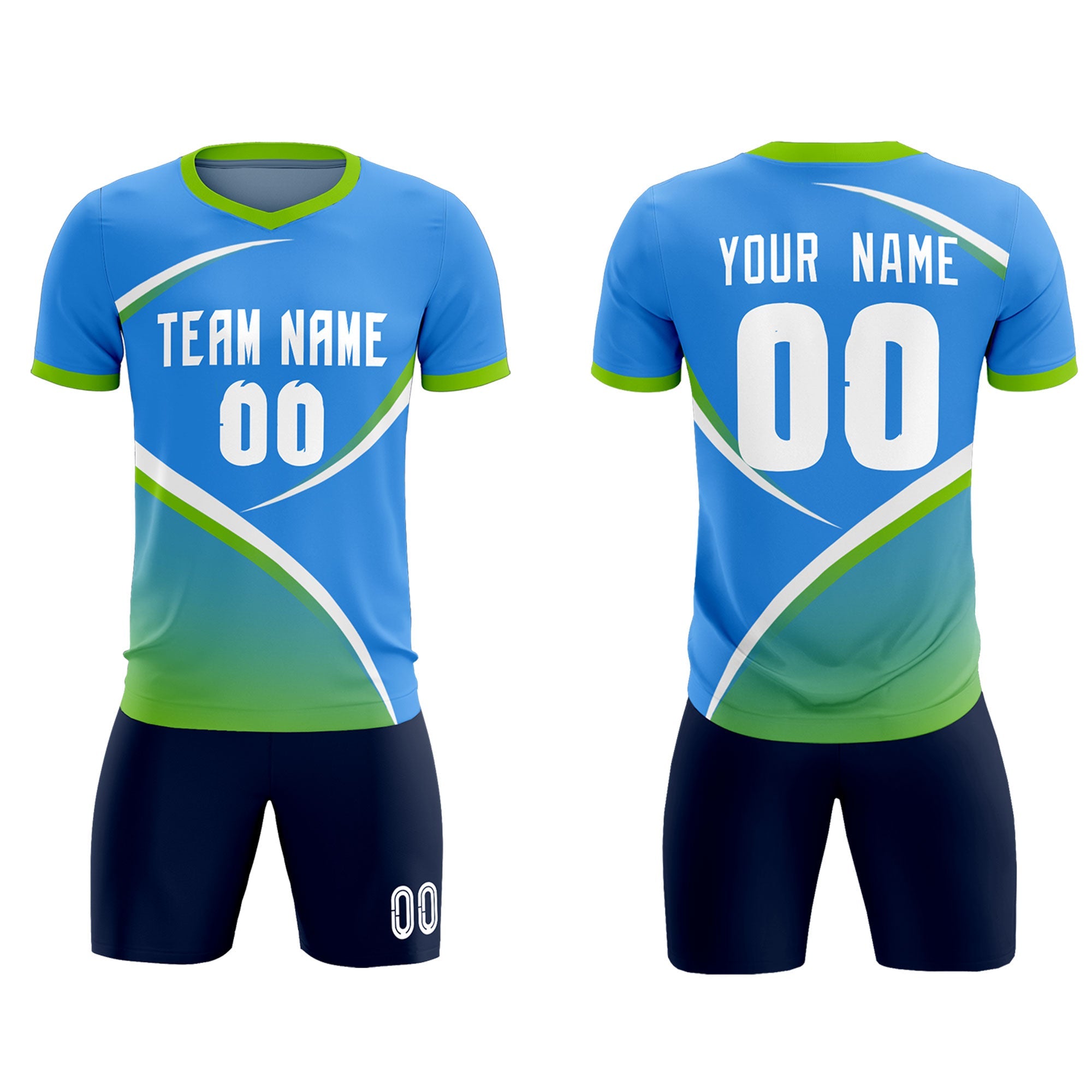 Custom Powder Blue Neon Green Color Block Training Uniform For Men Soccer Sets Jersey