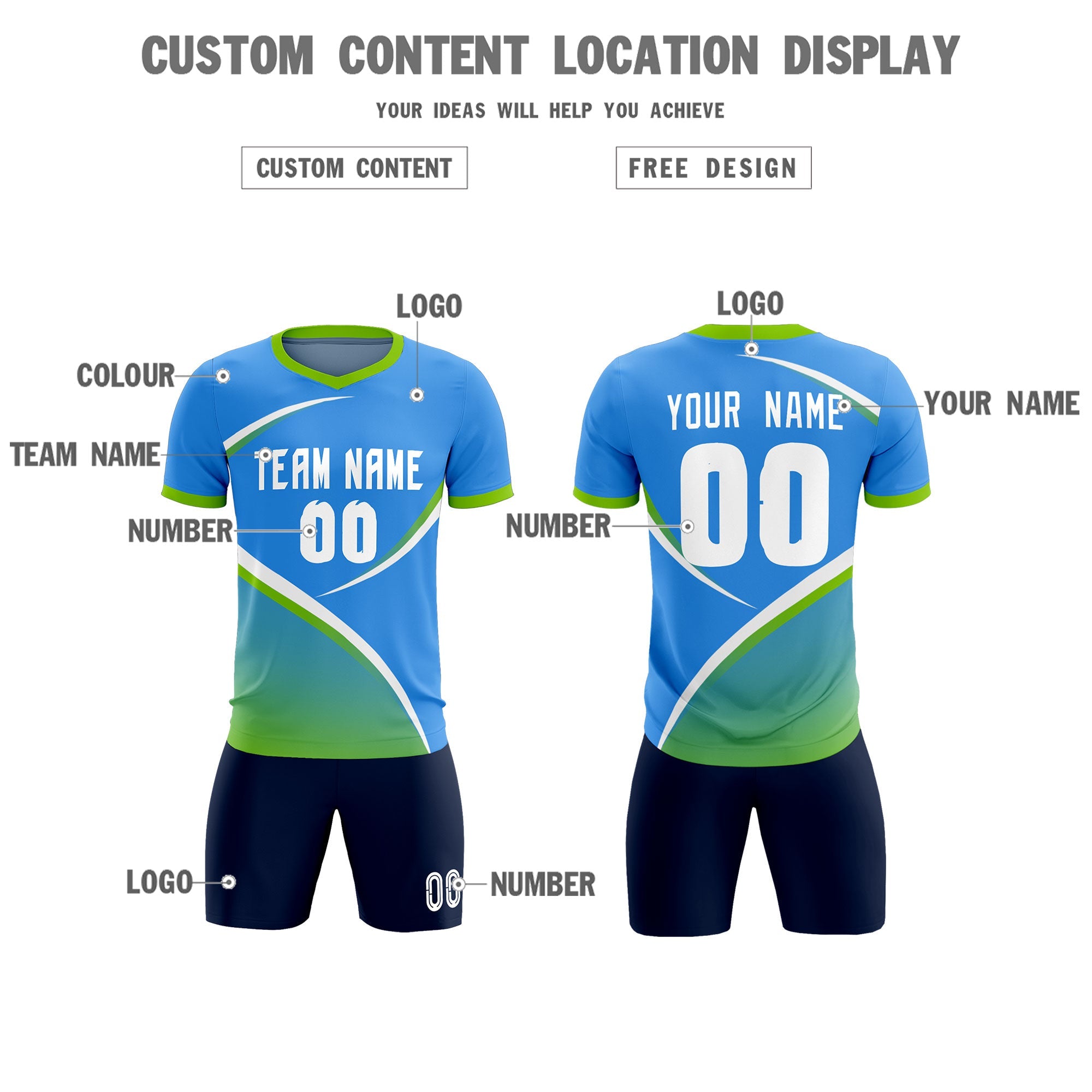 Custom Powder Blue Neon Green Color Block Training Uniform For Men Soccer Sets Jersey