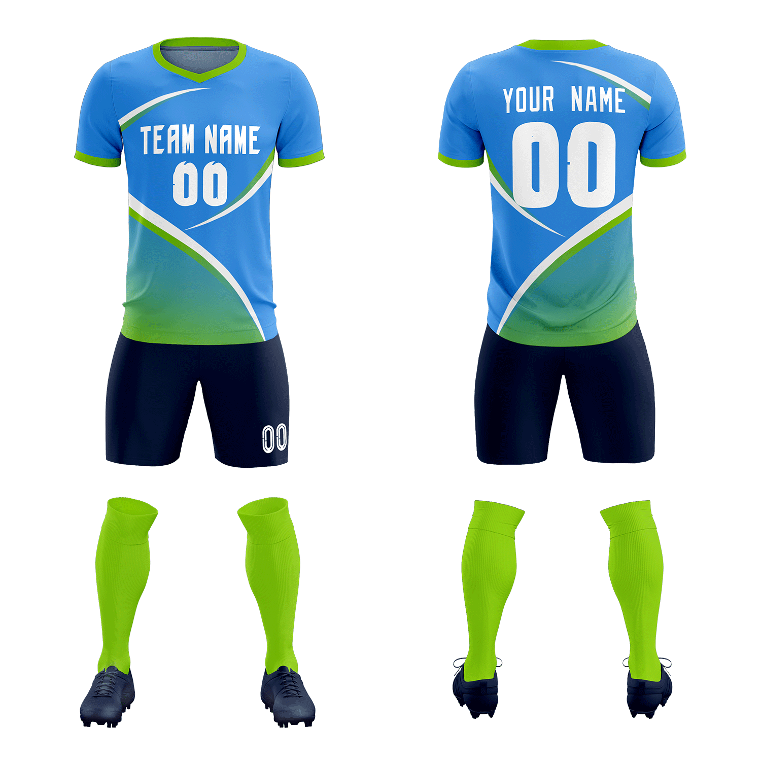 Custom Powder Blue Neon Green Color Block Training Uniform For Men Soccer Sets Jersey