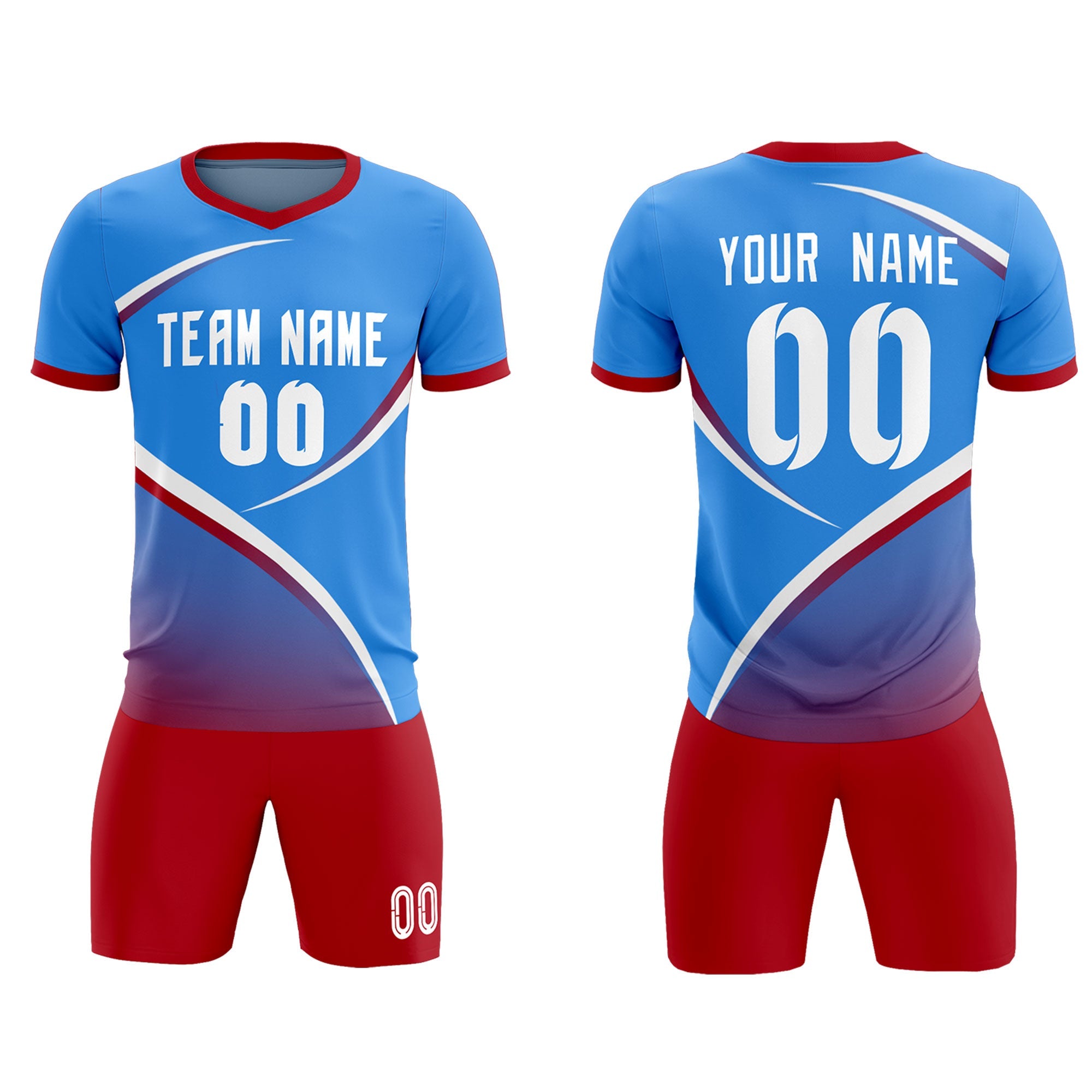 Custom Powder Blue Red Color Block Training Uniform For Men Soccer Sets Jersey