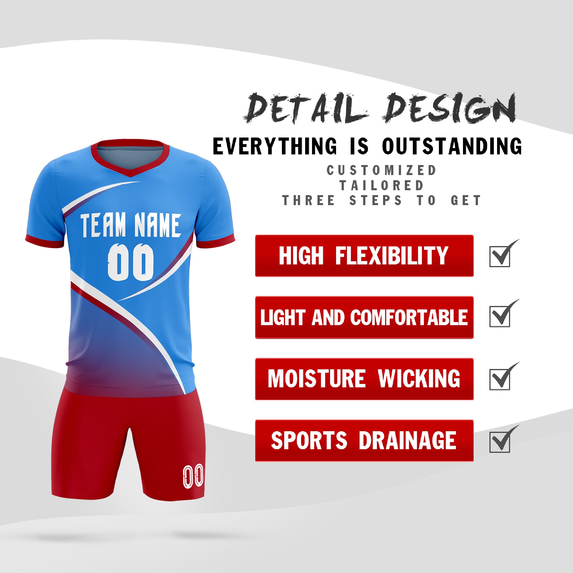 Custom Powder Blue Red Color Block Training Uniform For Men Soccer Sets Jersey