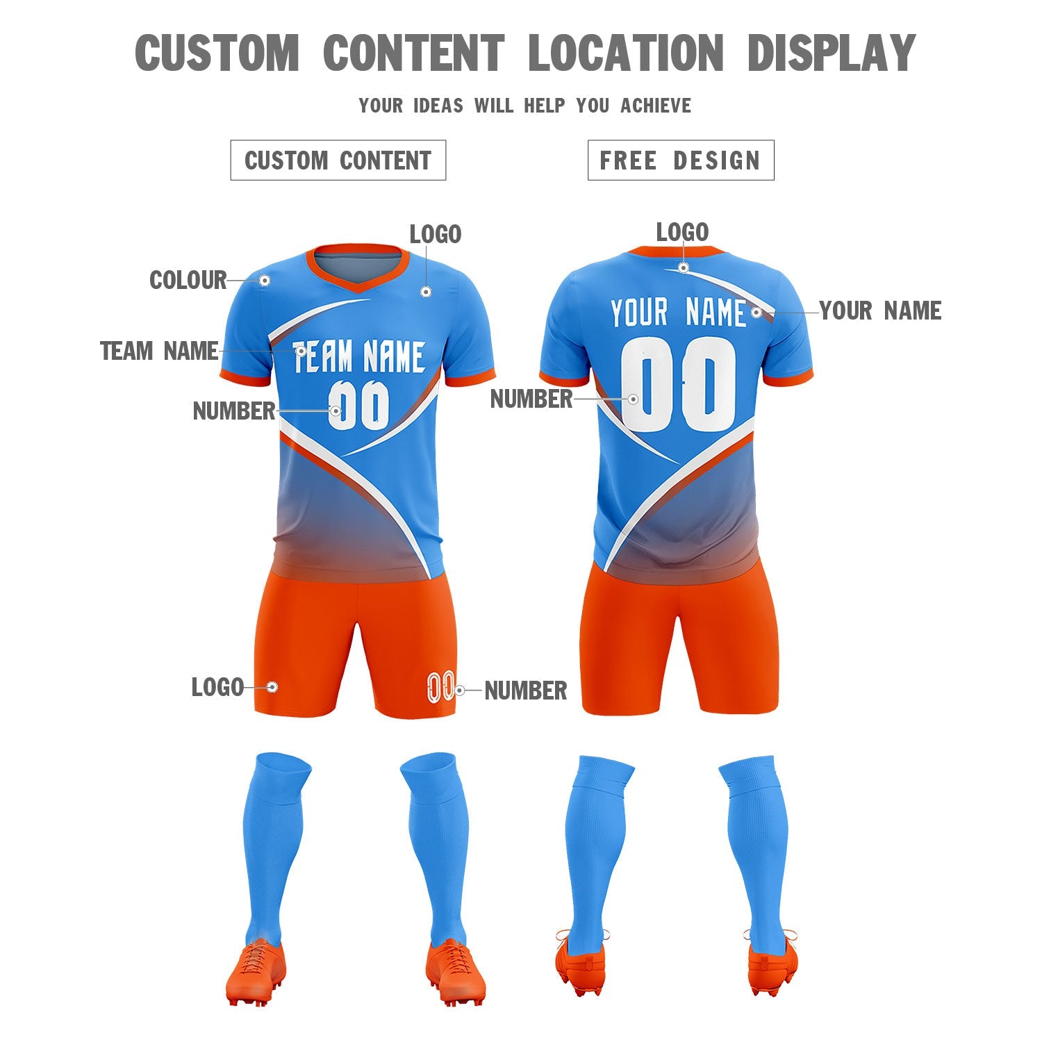 Custom Powder Blue Orange Color Block Training Uniform For Men Soccer Sets Jersey