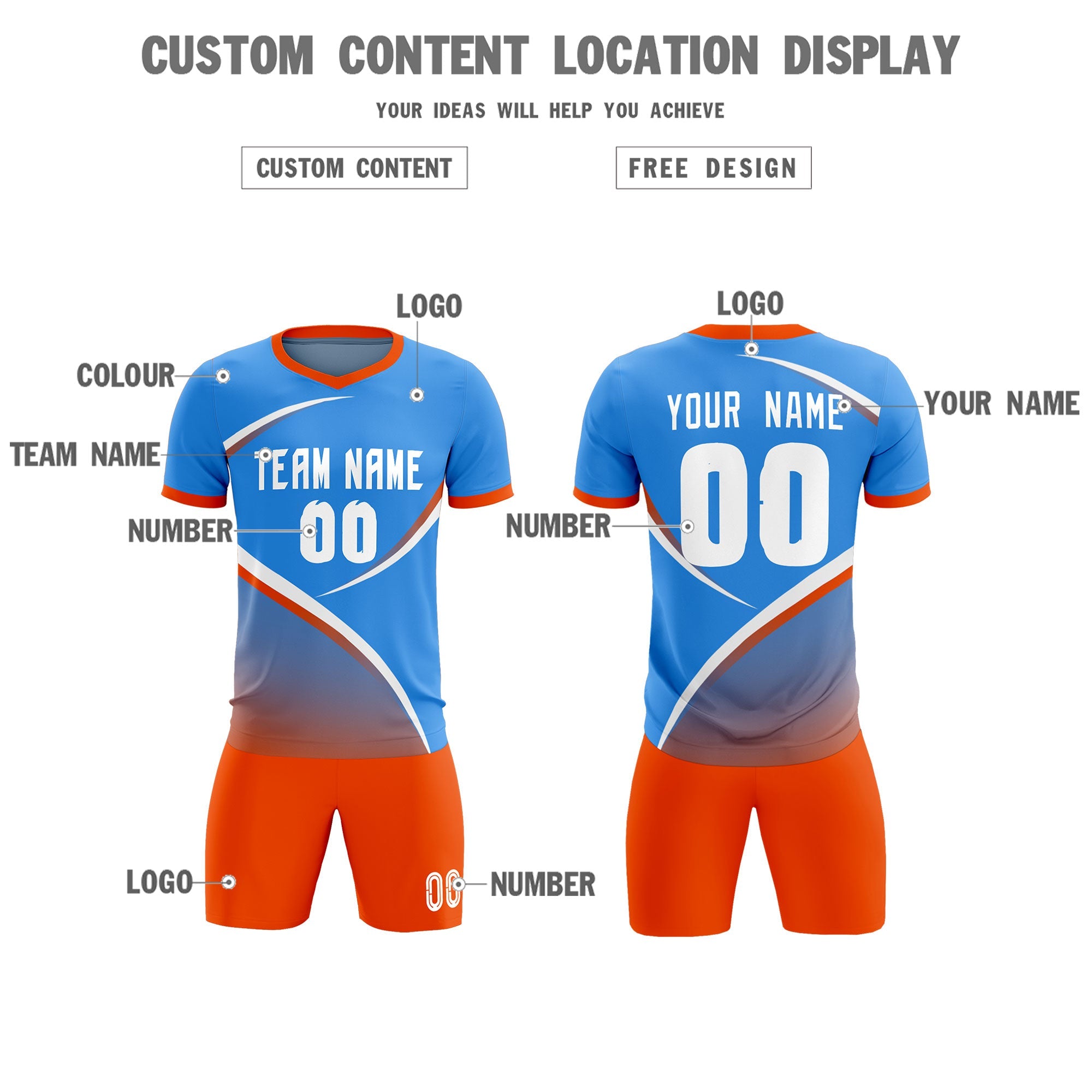 Custom Powder Blue Orange Color Block Training Uniform For Men Soccer Sets Jersey