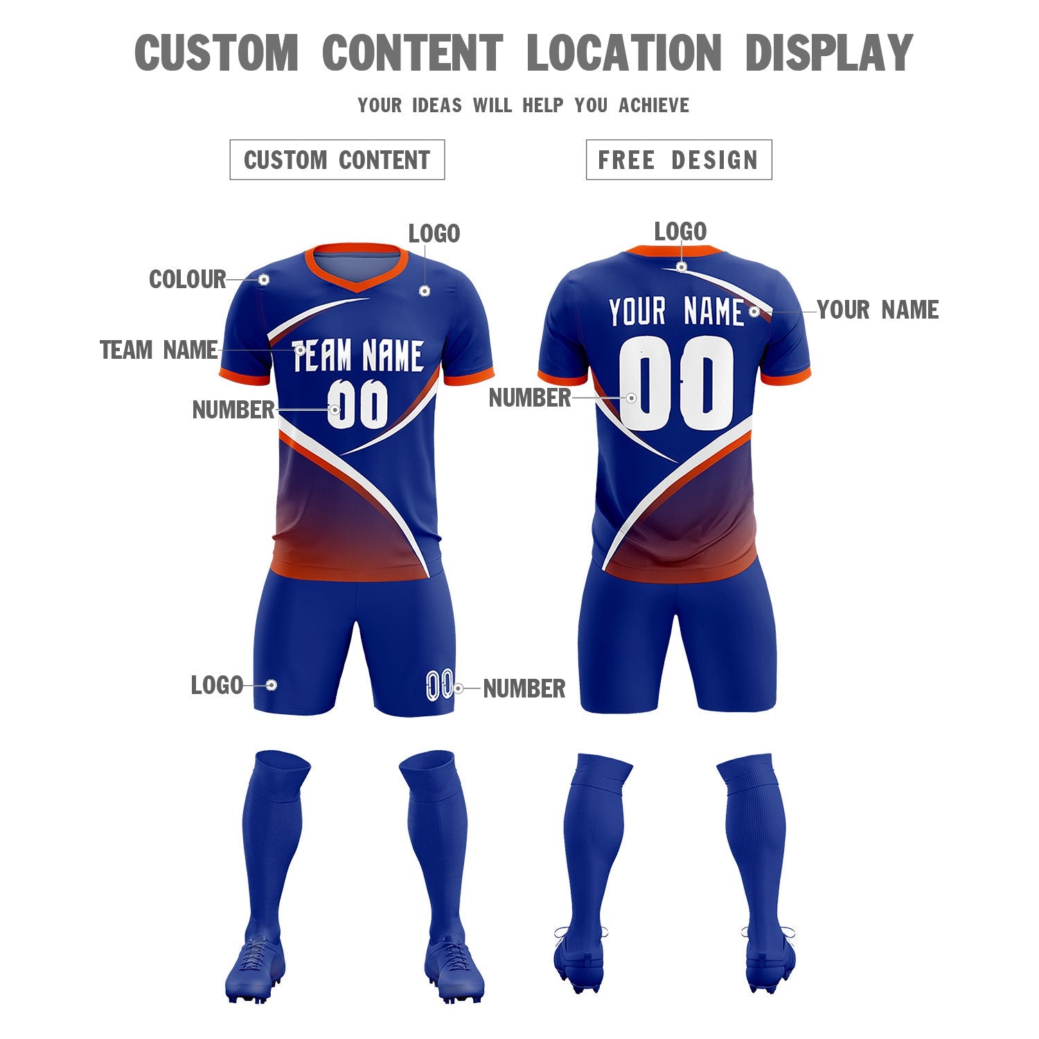 Custom Royal Orange Color Block Training Uniform For Men Soccer Sets Jersey