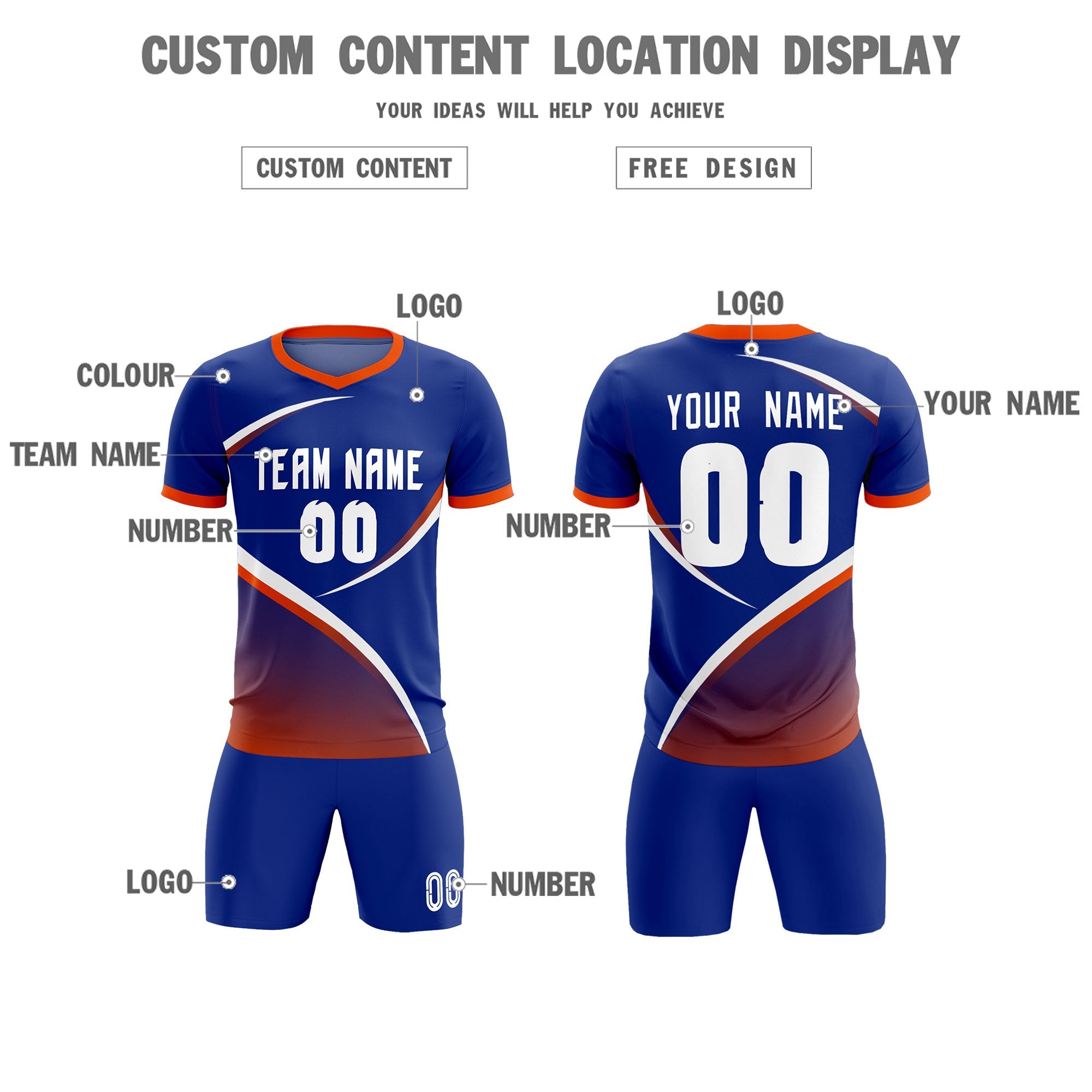 Custom Royal Orange Color Block Training Uniform For Men Soccer Sets Jersey