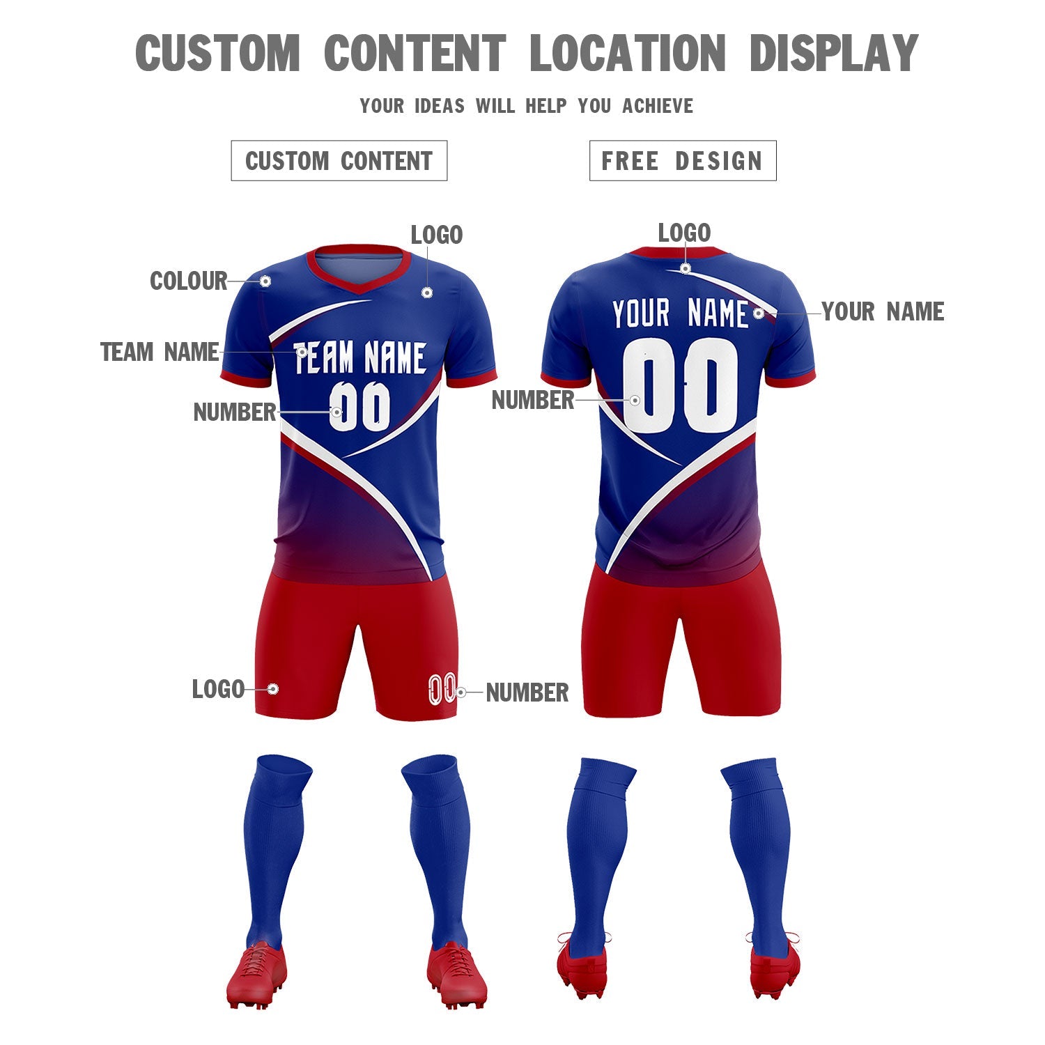 Custom Royal Red Color Block Training Uniform For Men Soccer Sets Jersey