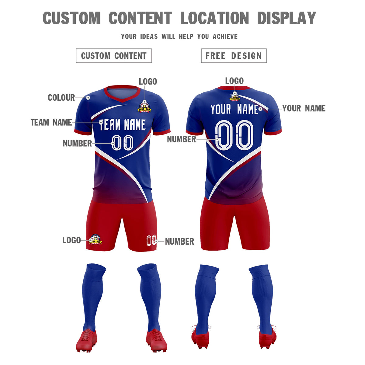 Custom Royal Red Color Block Training Uniform For Men Soccer Sets Jersey