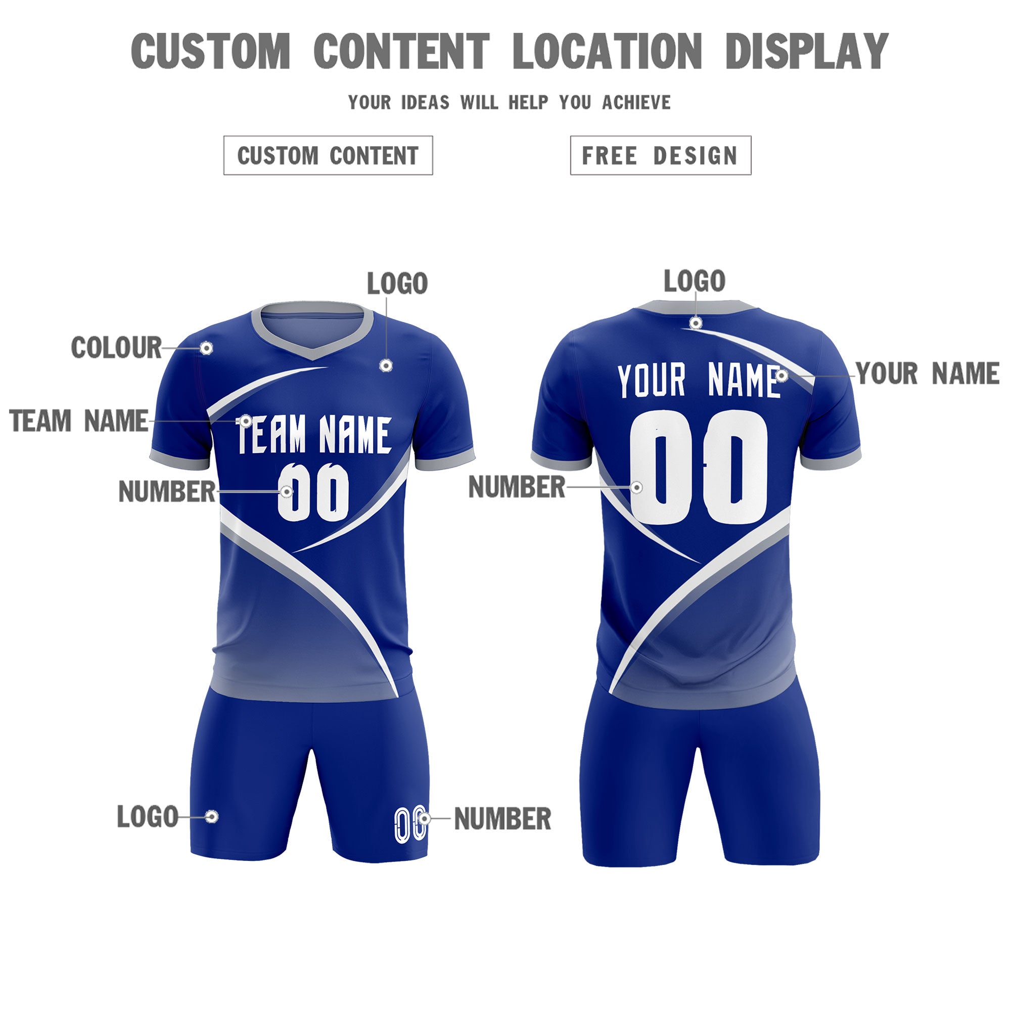 Custom Royal Gray Color Block Training Uniform For Men Soccer Sets Jersey