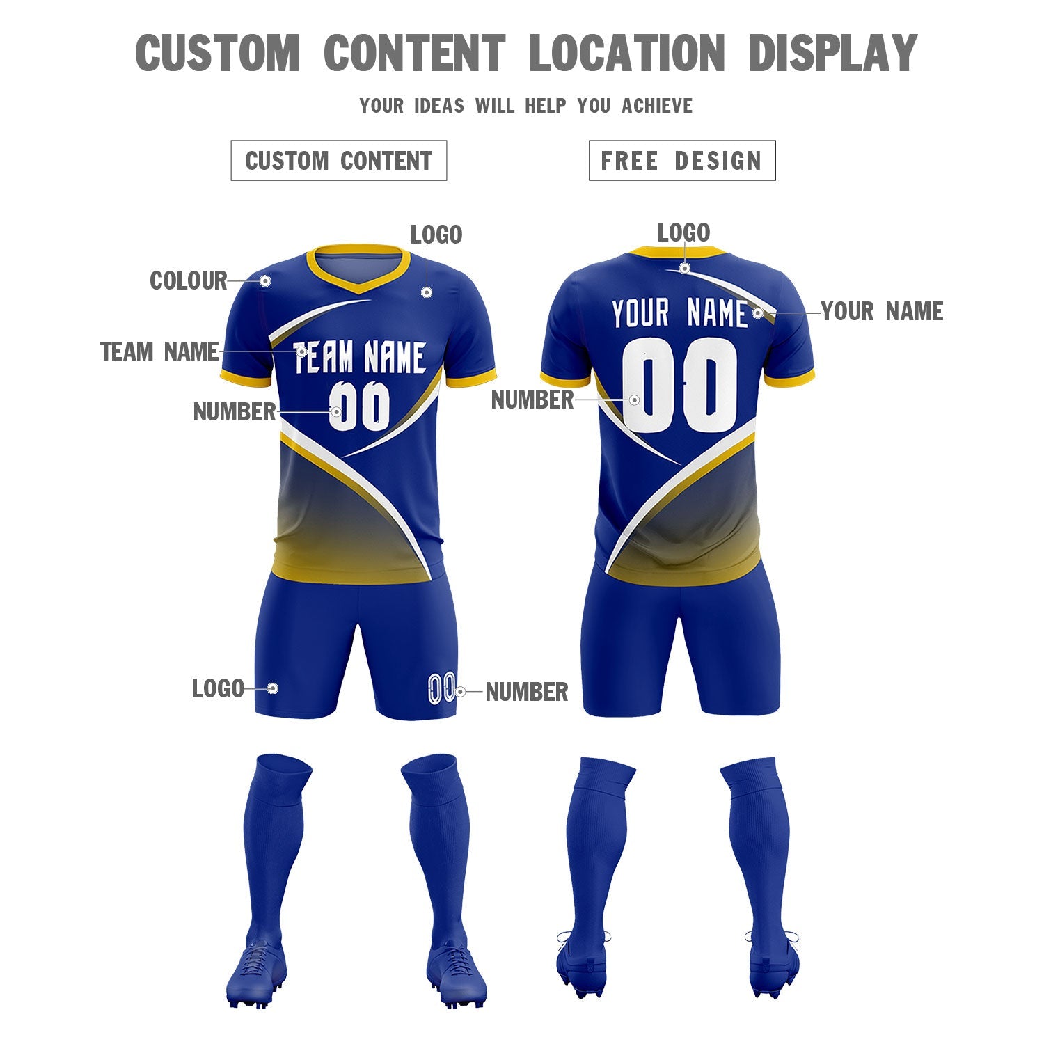 Custom Royal Gold Color Block Training Uniform For Men Soccer Sets Jersey