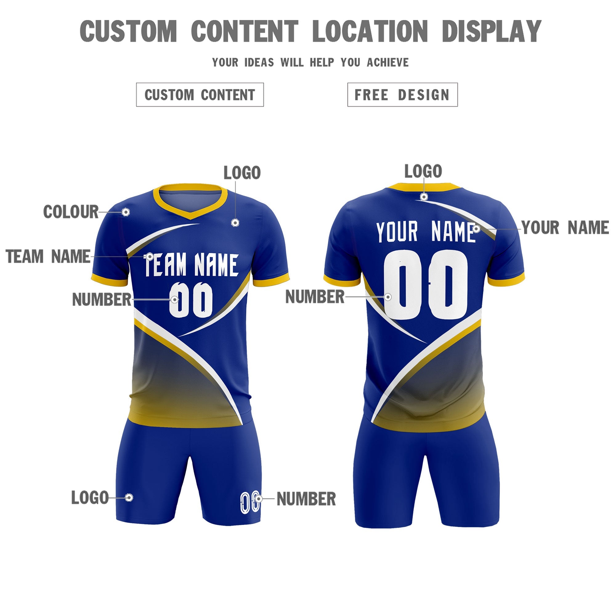 Custom Royal Gold Color Block Training Uniform For Men Soccer Sets Jersey