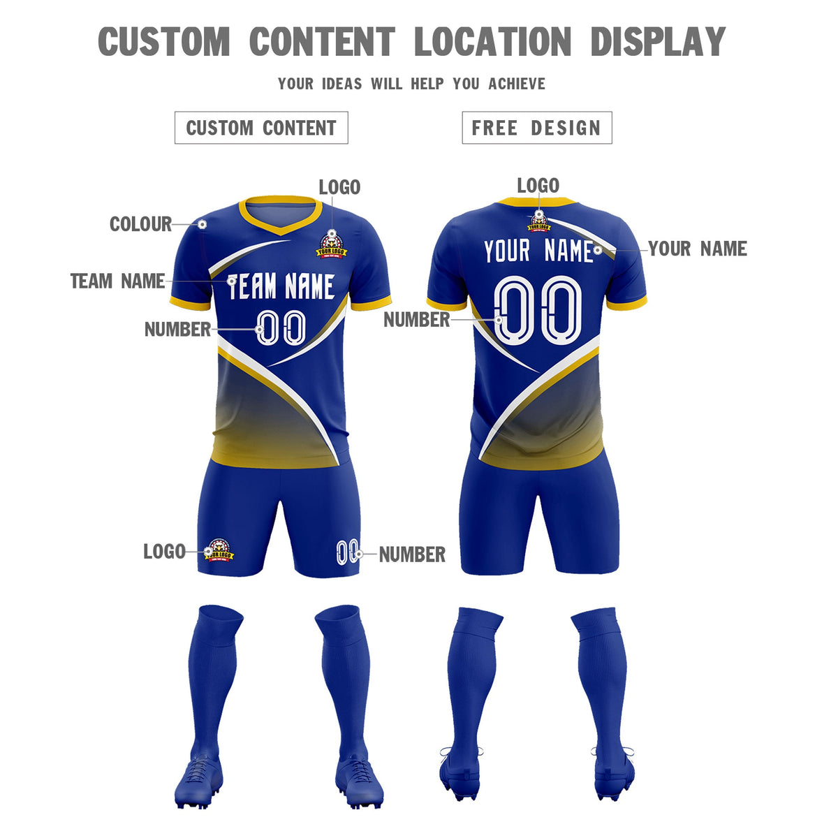 Custom Royal Gold Color Block Training Uniform For Men Soccer Sets Jersey