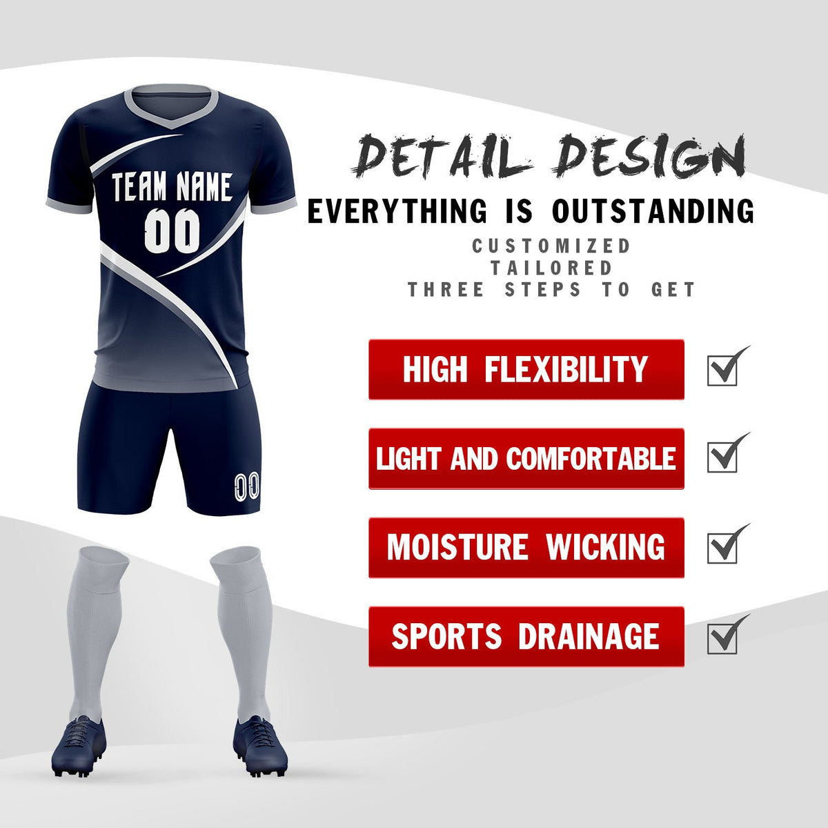 Custom Navy Gray Color Block Training Uniform For Men Soccer Sets Jersey