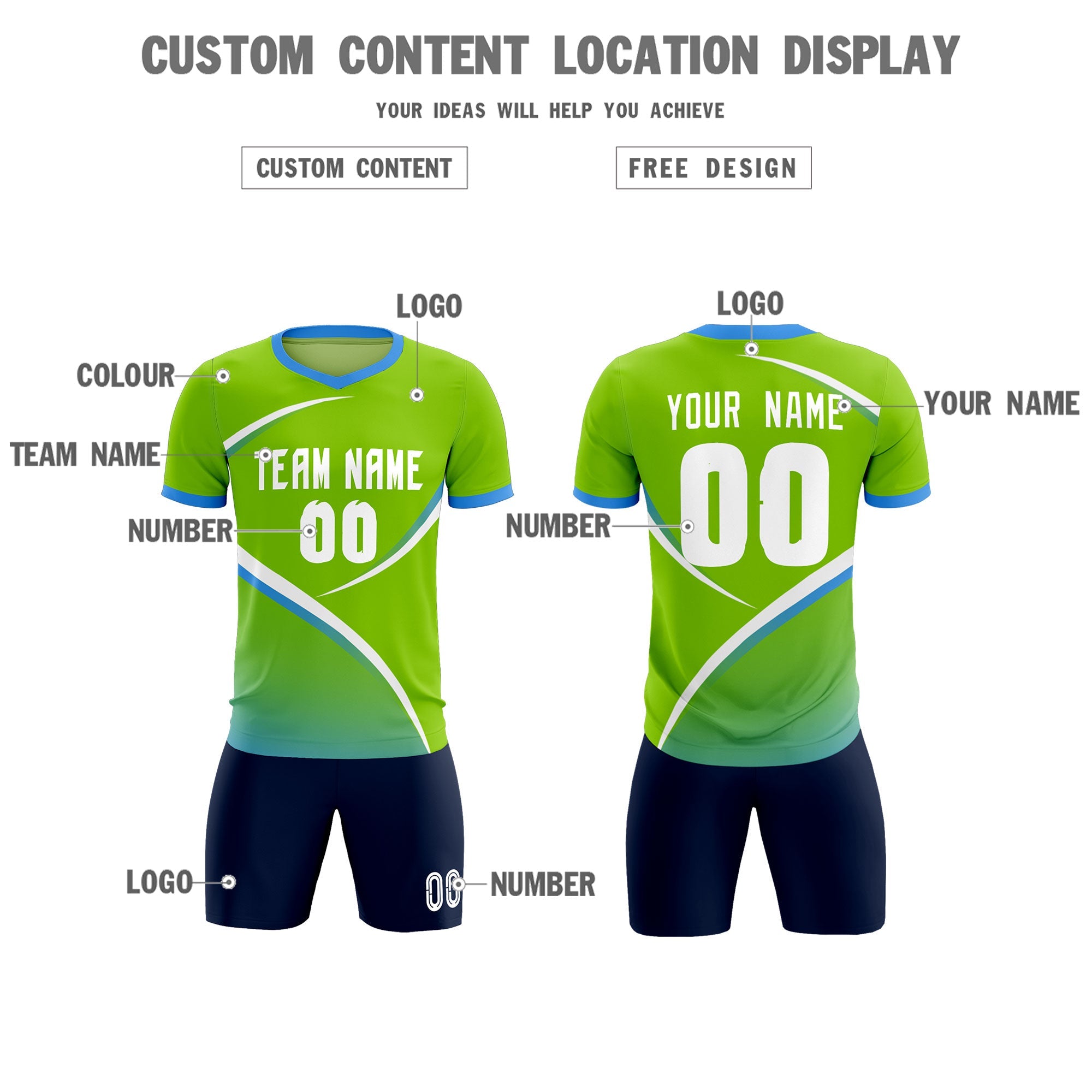 Custom Neon Green Powder Blue Color Block Training Uniform For Men Soccer Sets Jersey