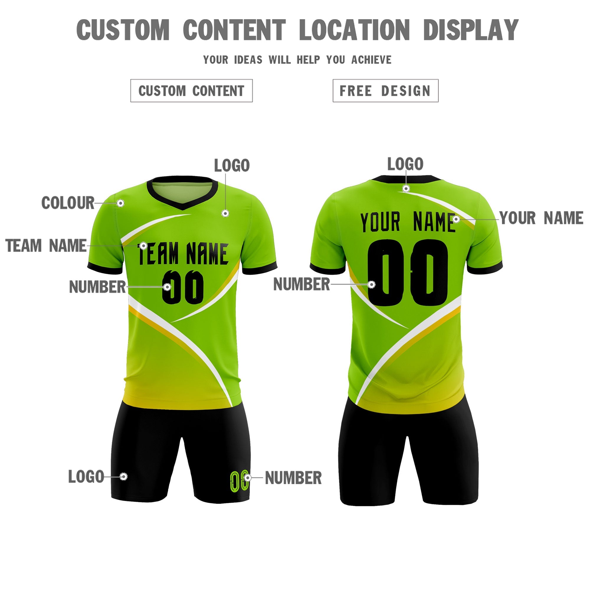 Custom Neon Green Black Color Block Training Uniform For Men Soccer Sets Jersey