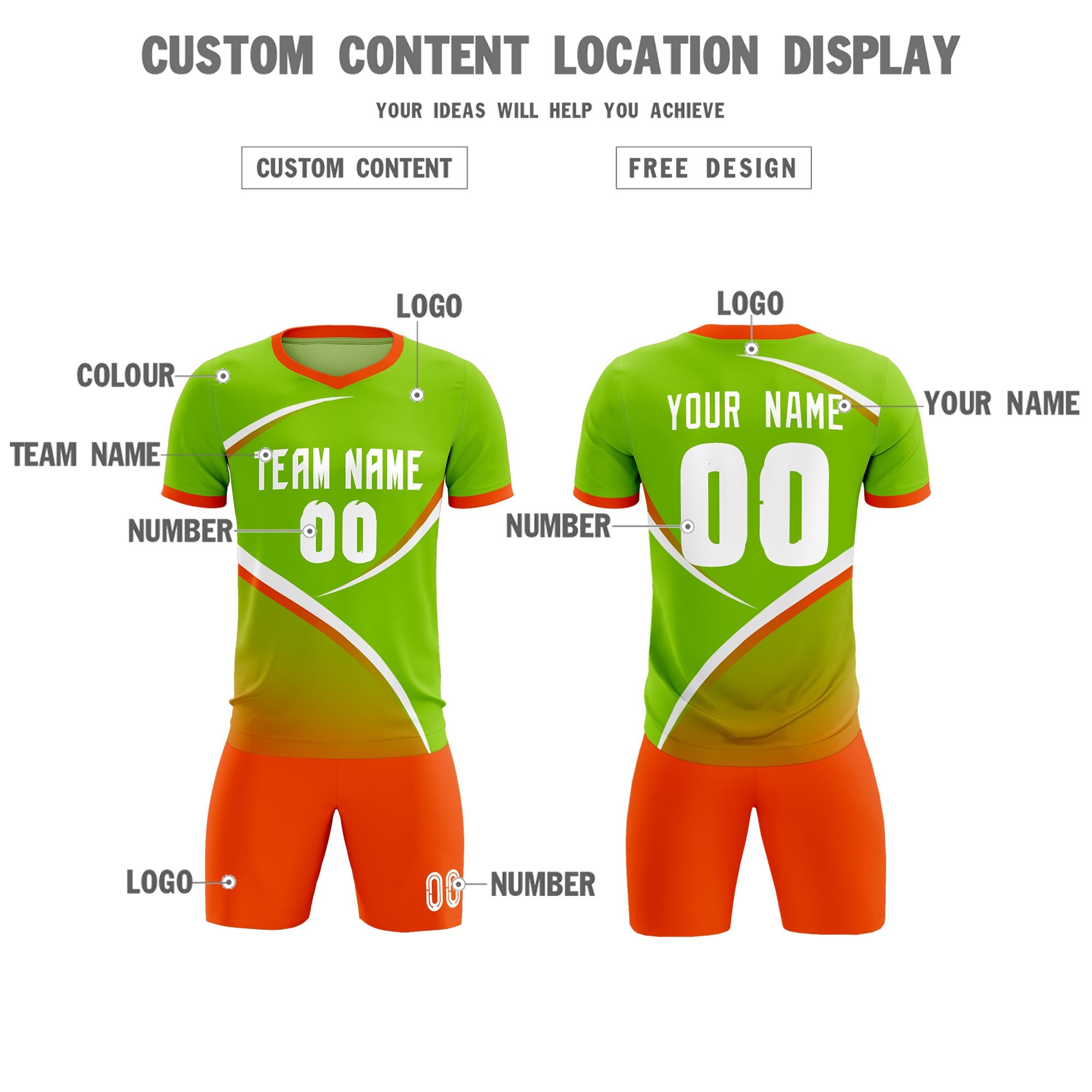 Custom Neon Green Orange Color Block Training Uniform For Men Soccer Sets Jersey