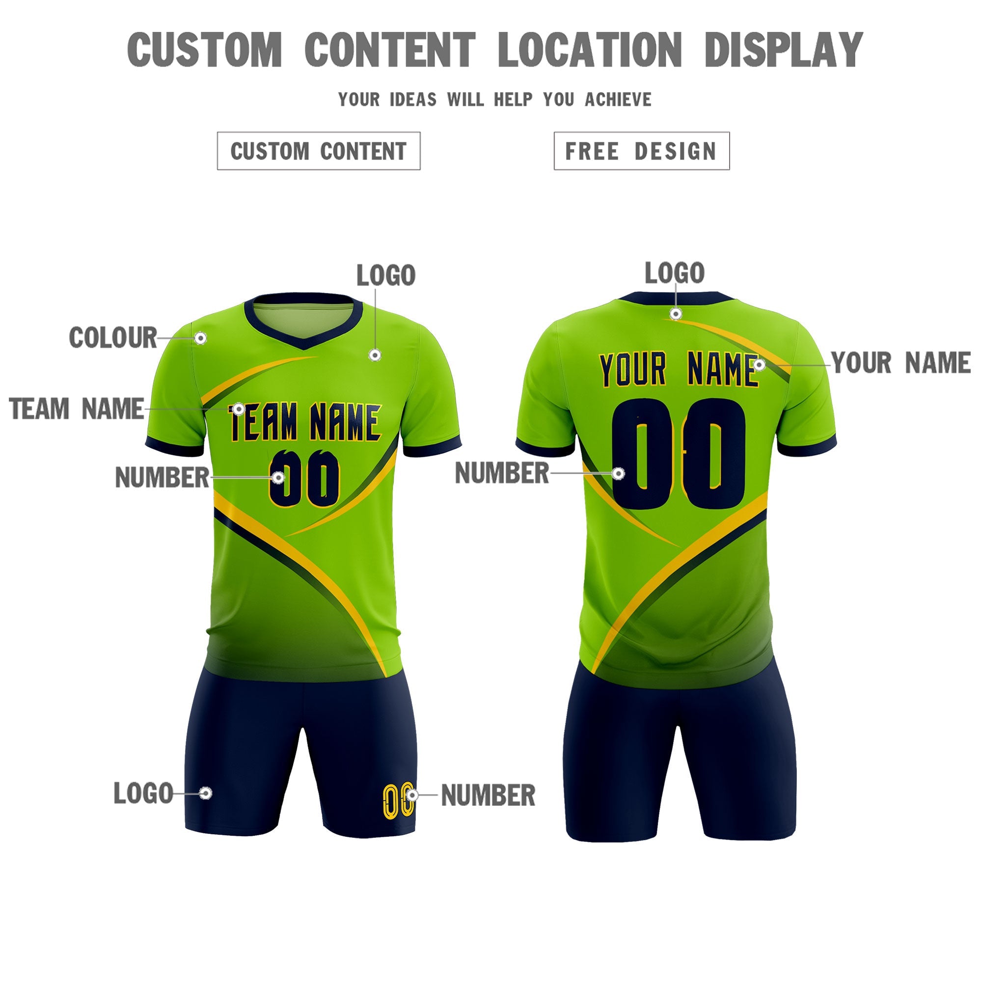 Custom Neon Green Navy Color Block Training Uniform For Men Soccer Sets Jersey