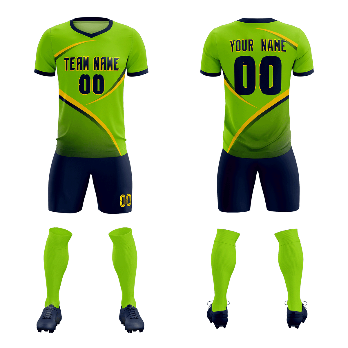 Custom Neon Green Navy Color Block Training Uniform For Men Soccer Sets Jersey