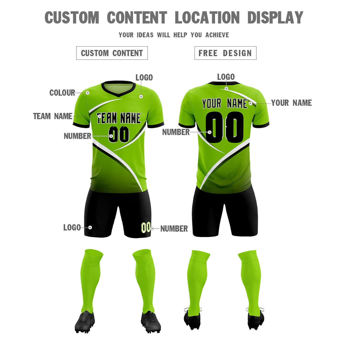 Custom Neon Green Black Color Block Training Uniform For Men Soccer Sets Jersey