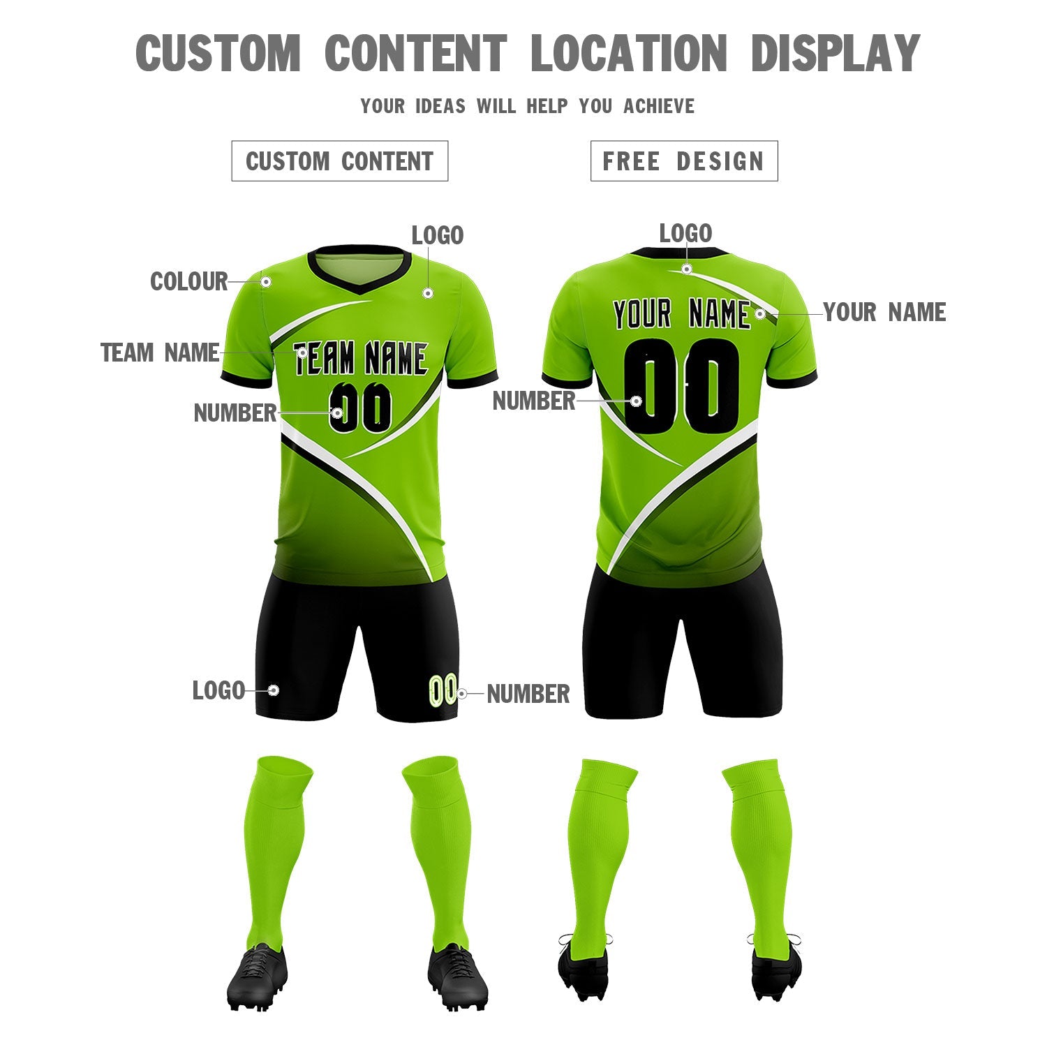 Custom Neon Green Black Color Block Training Uniform For Men Soccer Sets Jersey