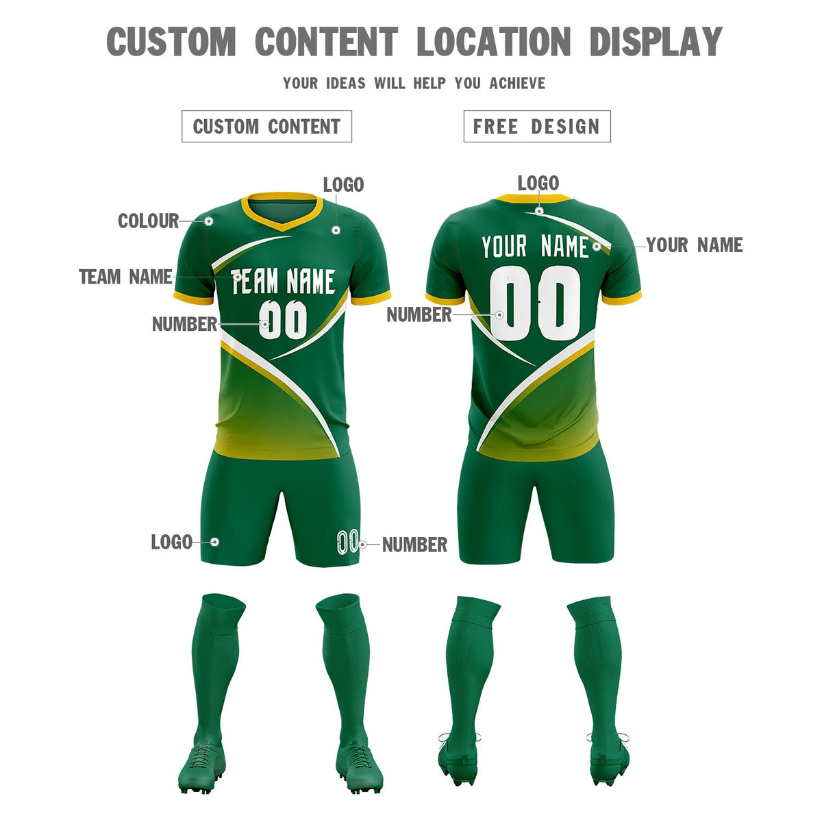 Custom Kelly Green Gold Color Block Training Uniform For Men Soccer Sets Jersey