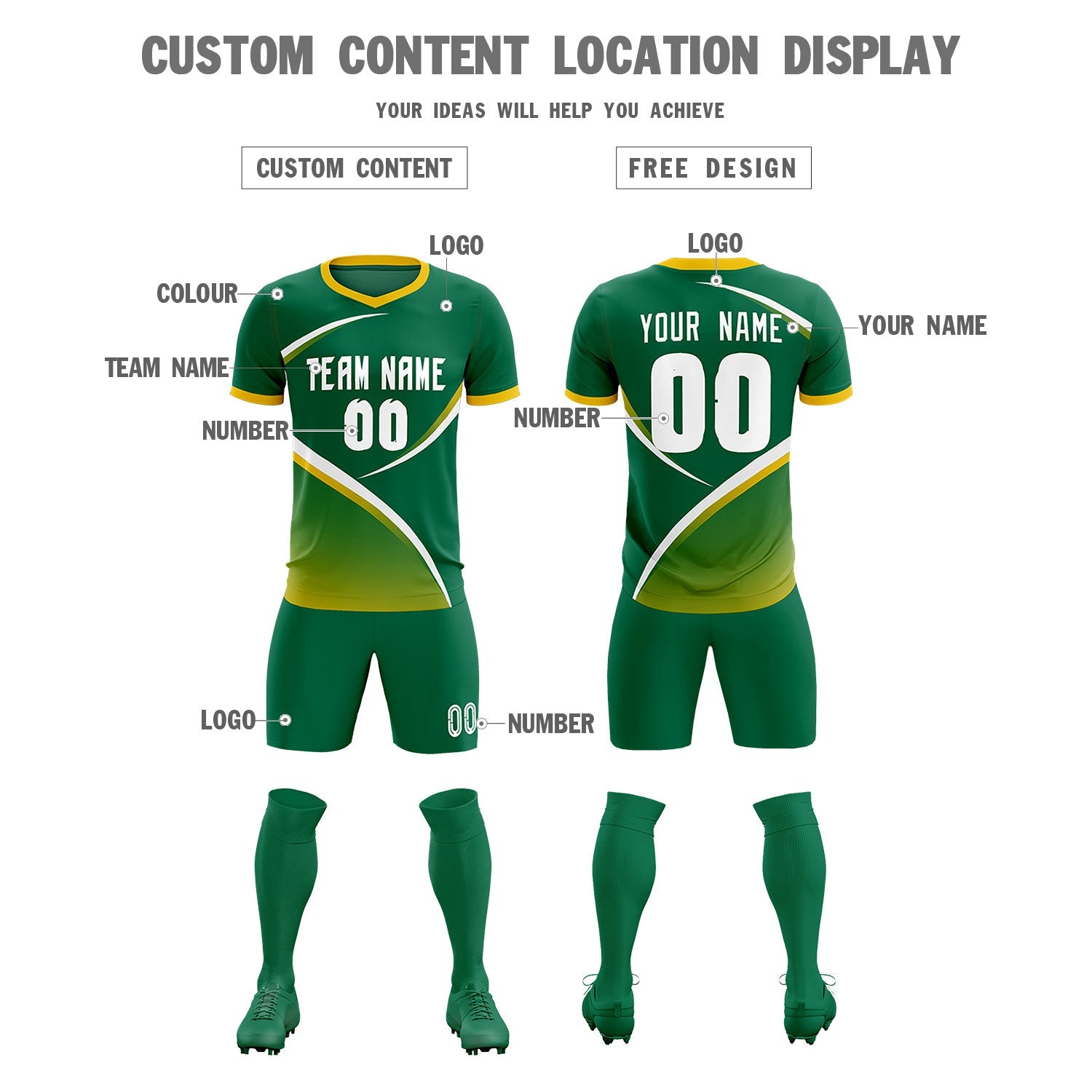 Custom Kelly Green Gold Color Block Training Uniform For Men Soccer Sets Jersey