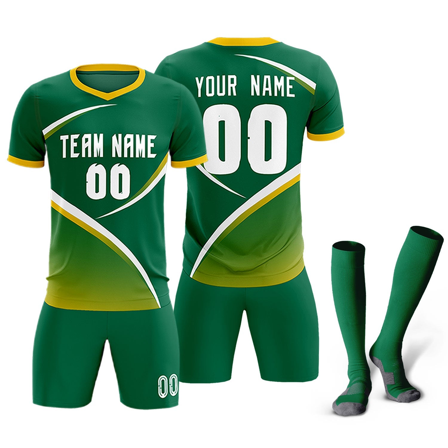 Custom Kelly Green Gold Color Block Training Uniform For Men Soccer Sets Jersey