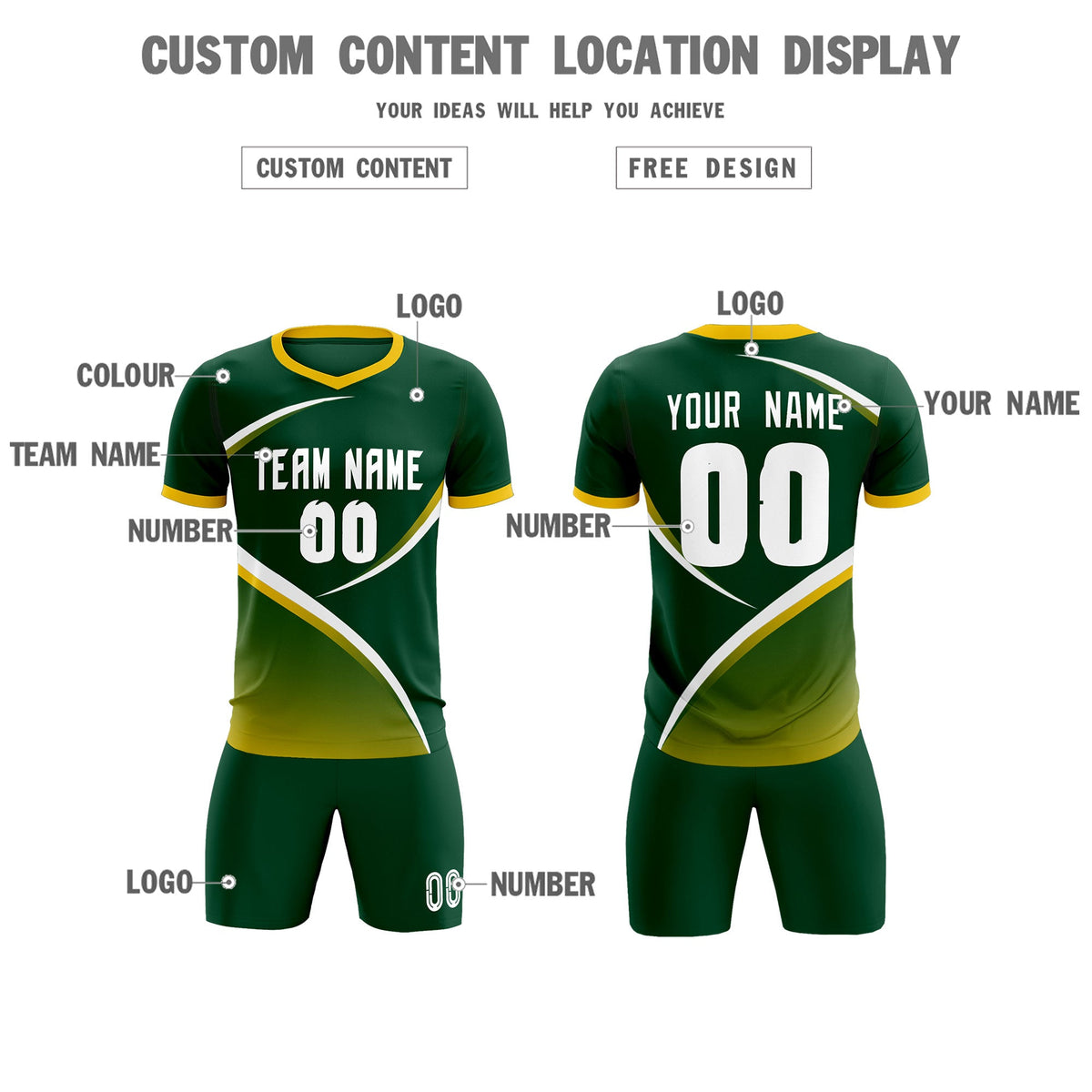 Custom Green Gold Color Block Training Uniform For Men Soccer Sets Jersey
