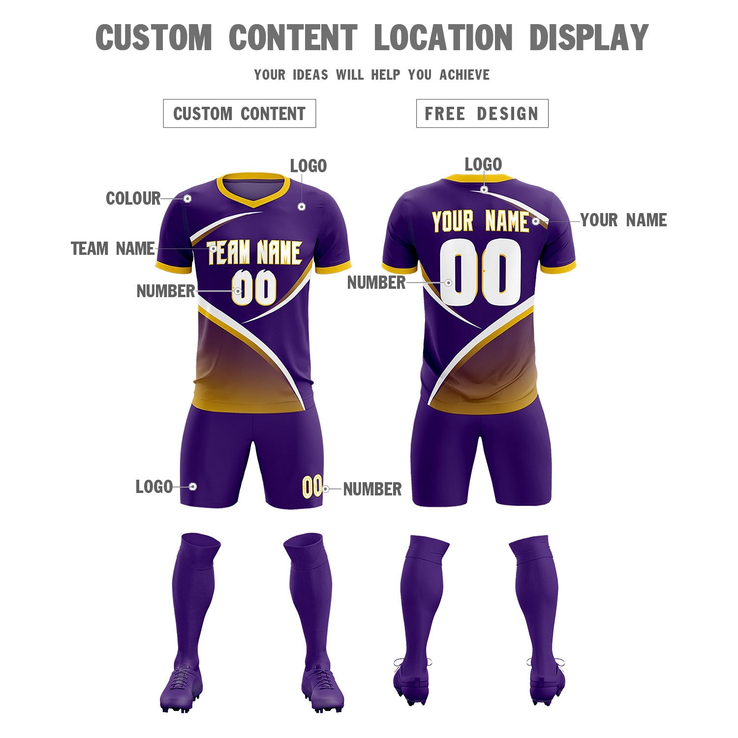 Custom Purple Gold Color Block Training Uniform For Men Soccer Sets Jersey
